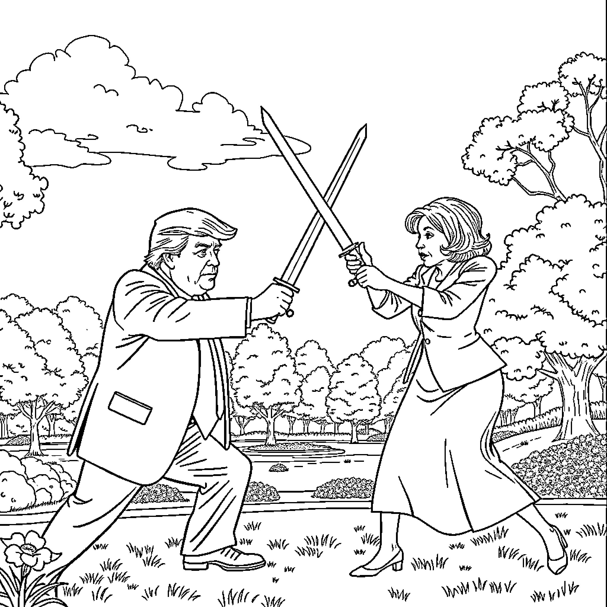 Donald Trump and woman in confrontation in the park Coloring Page (free black-and-white line drawing printable PDF for all, from beginners to advanced learners, including children, teens, adults, and seniors)