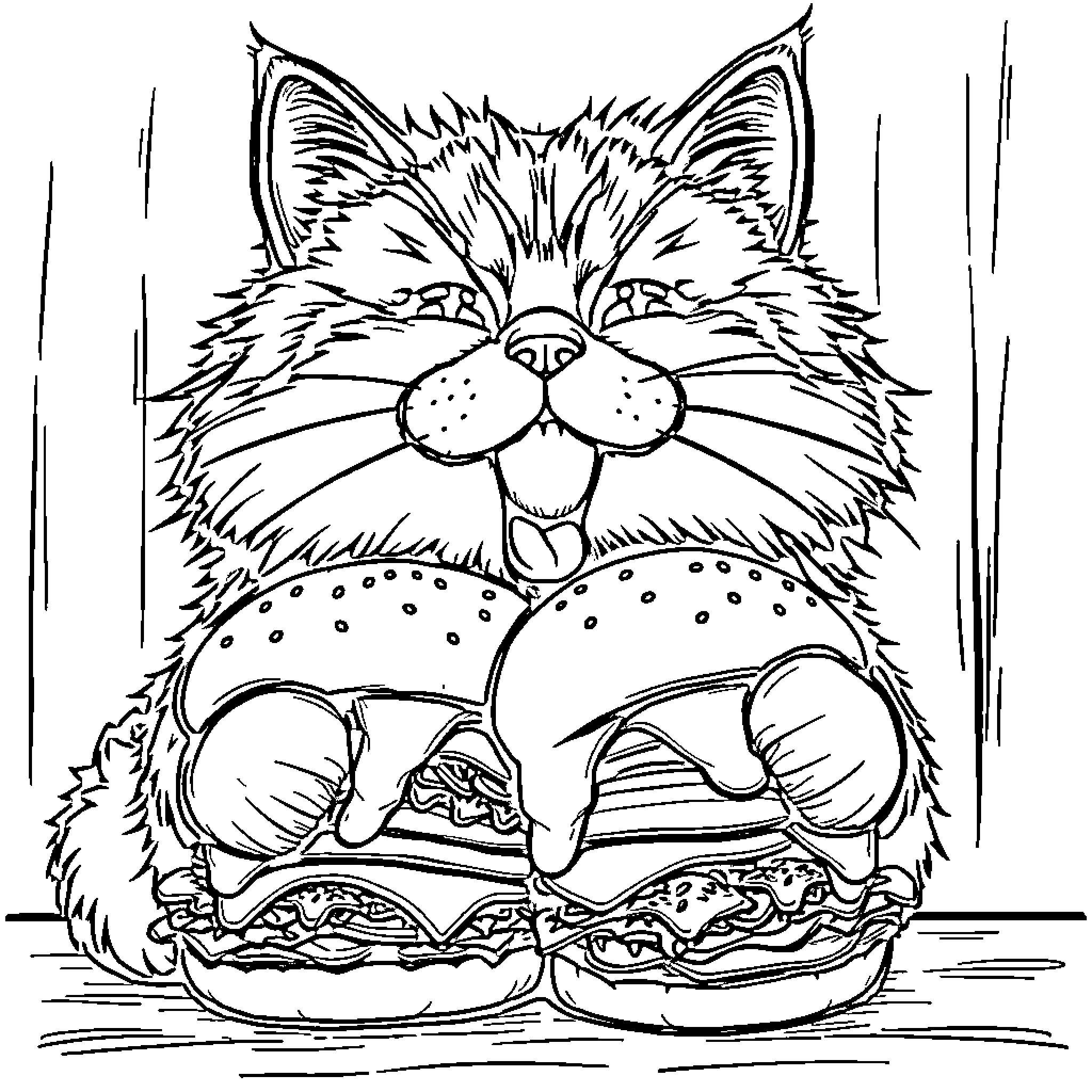 Cat enjoying a tasty burger Coloring Page (free black-and-white line drawing printable PDF for all, from beginners to advanced learners, including children, teens, adults, and seniors)