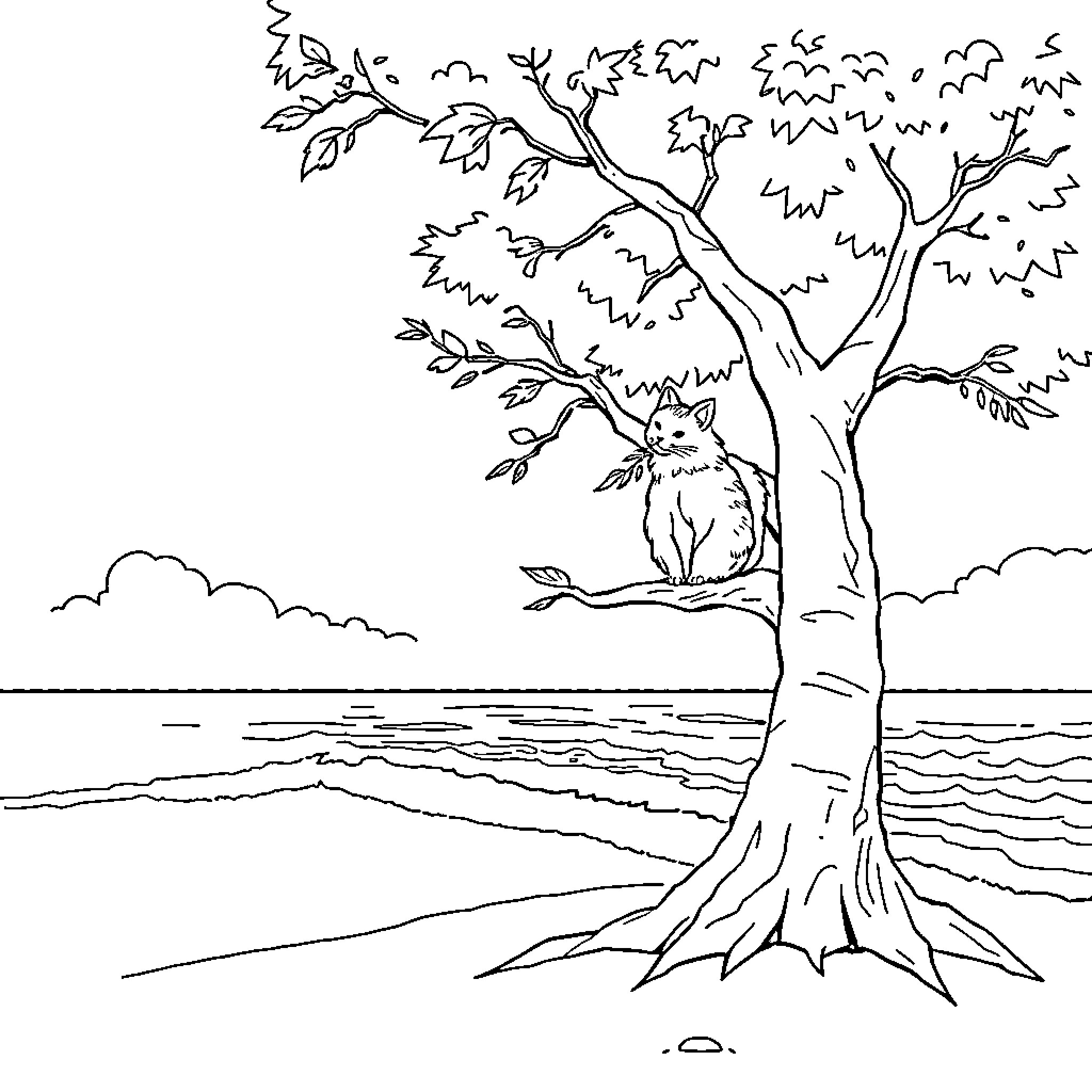 Cat on a tree branch in nature Coloring Page (free black-and-white line drawing printable PDF for all, from beginners to advanced learners, including children, teens, adults, and seniors)