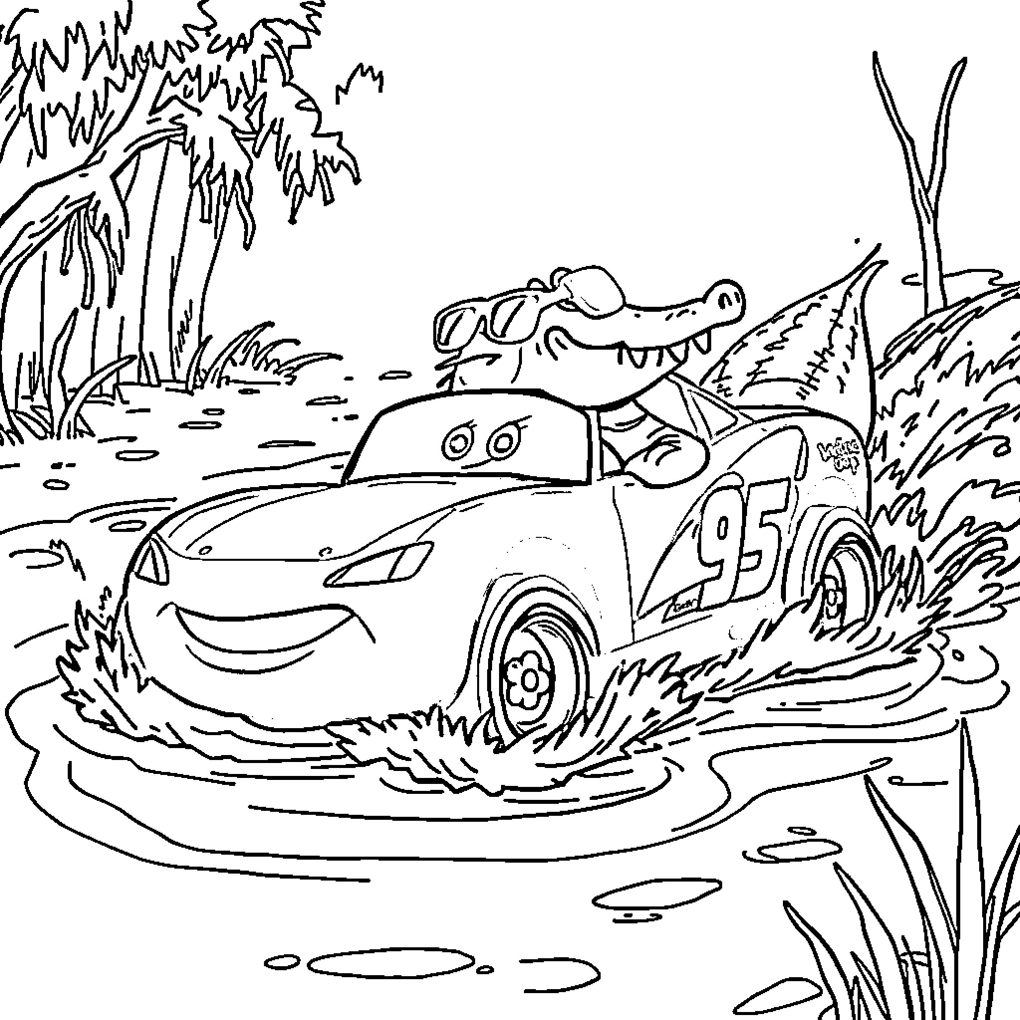 Crocodile car exploring swampy terrain Coloring Page (free black-and-white line drawing printable PDF for all, from beginners to advanced learners, including children, teens, adults, and seniors)