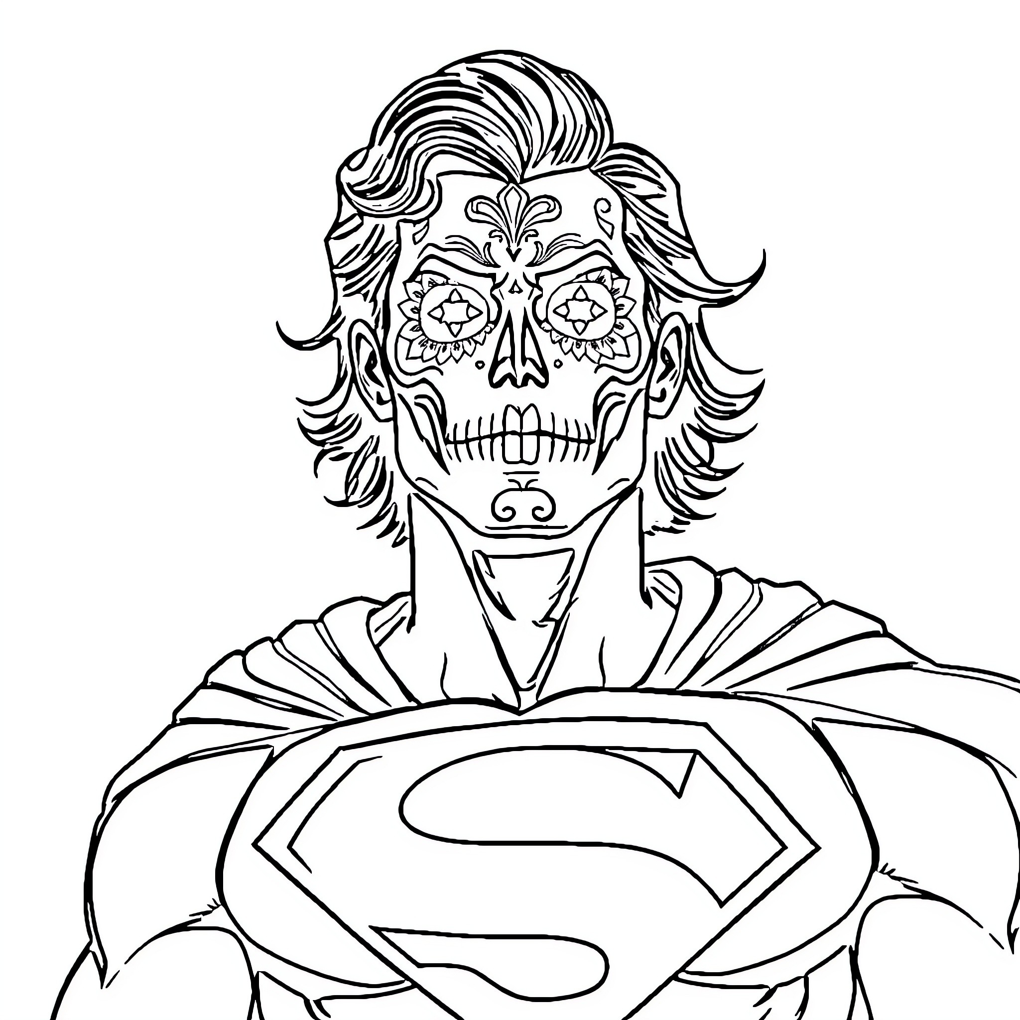 Superman with Day of the Dead face paint Coloring Page (free black-and-white line drawing printable PDF for all, from beginners to advanced learners, including children, teens, adults, and seniors)