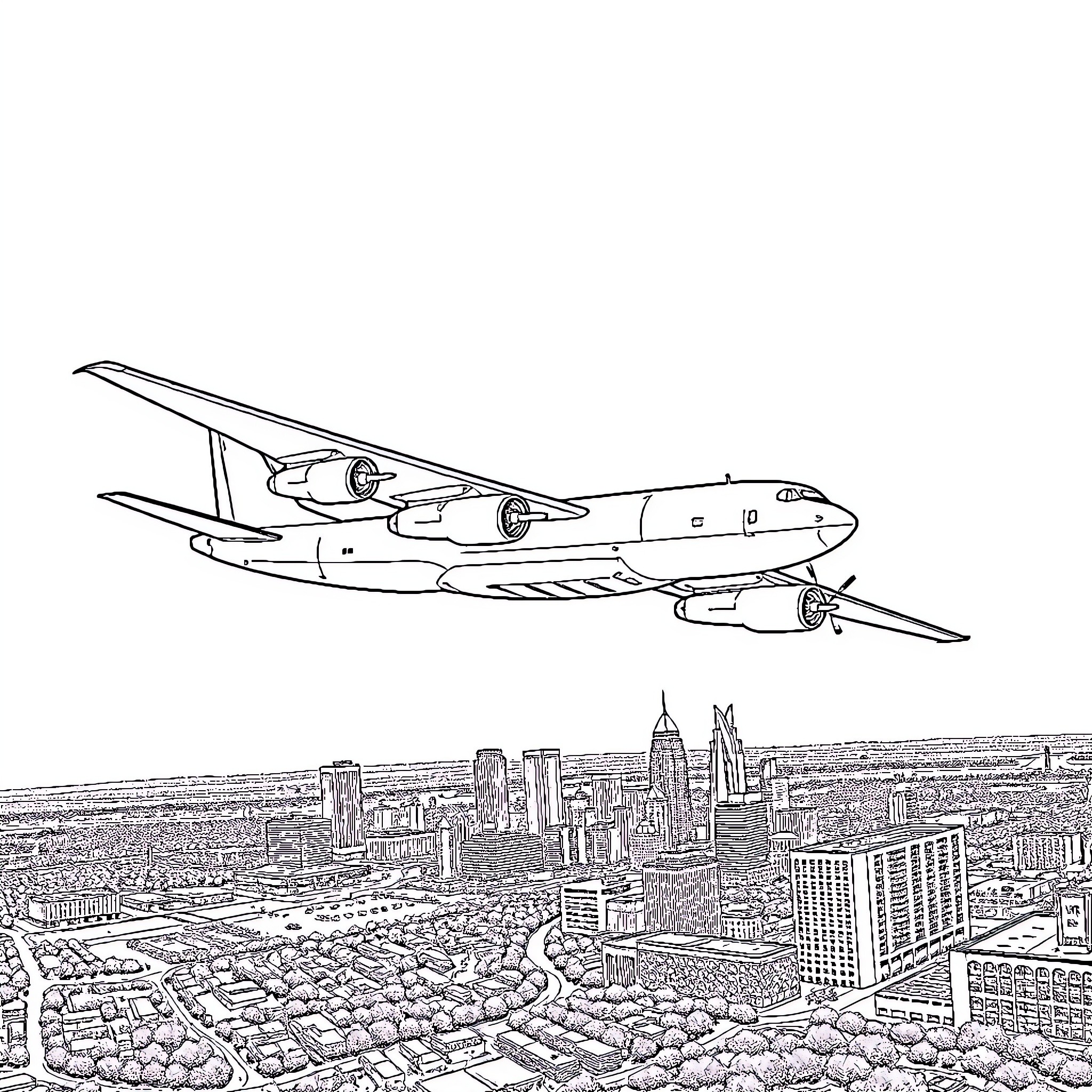 KC-135 tanker aircraft over a city skyline Coloring Page (free black-and-white line drawing printable PDF for all, from beginners to advanced learners, including children, teens, adults, and seniors)