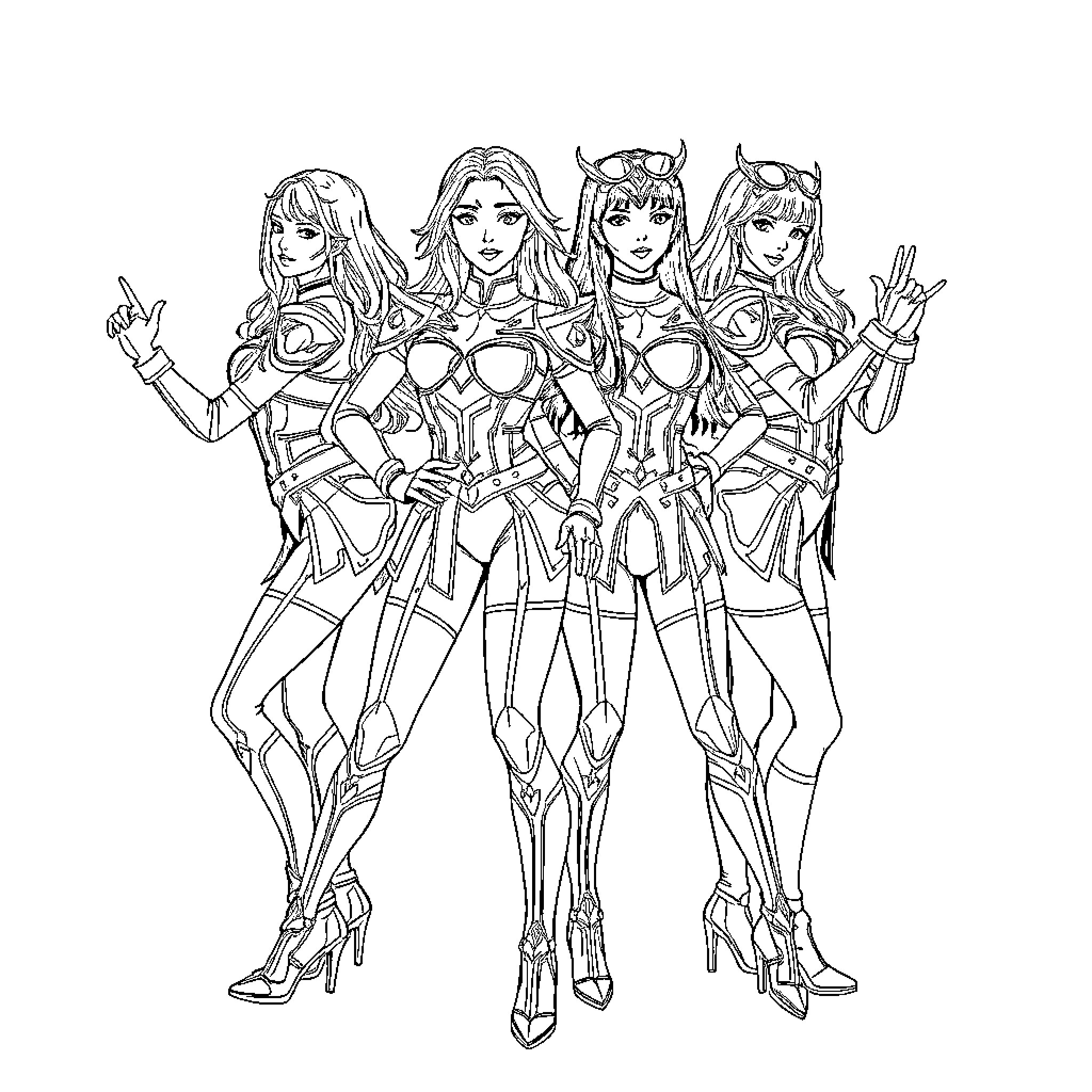K Pop Warrior Squad in Striking Poses Coloring Page (free black-and-white line drawing printable PDF for all, from beginners to advanced learners, including children, teens, adults, and seniors)