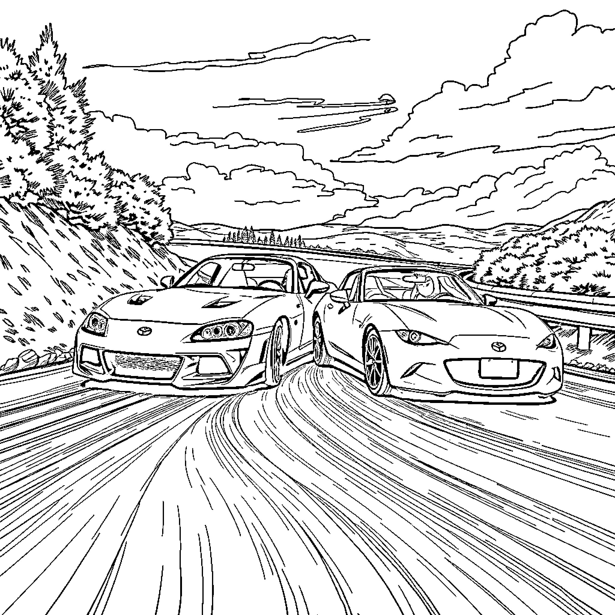 Car race on winding road through scenic countryside Coloring Page (free black-and-white line drawing printable PDF for all, from beginners to advanced learners, including children, teens, adults, and seniors)