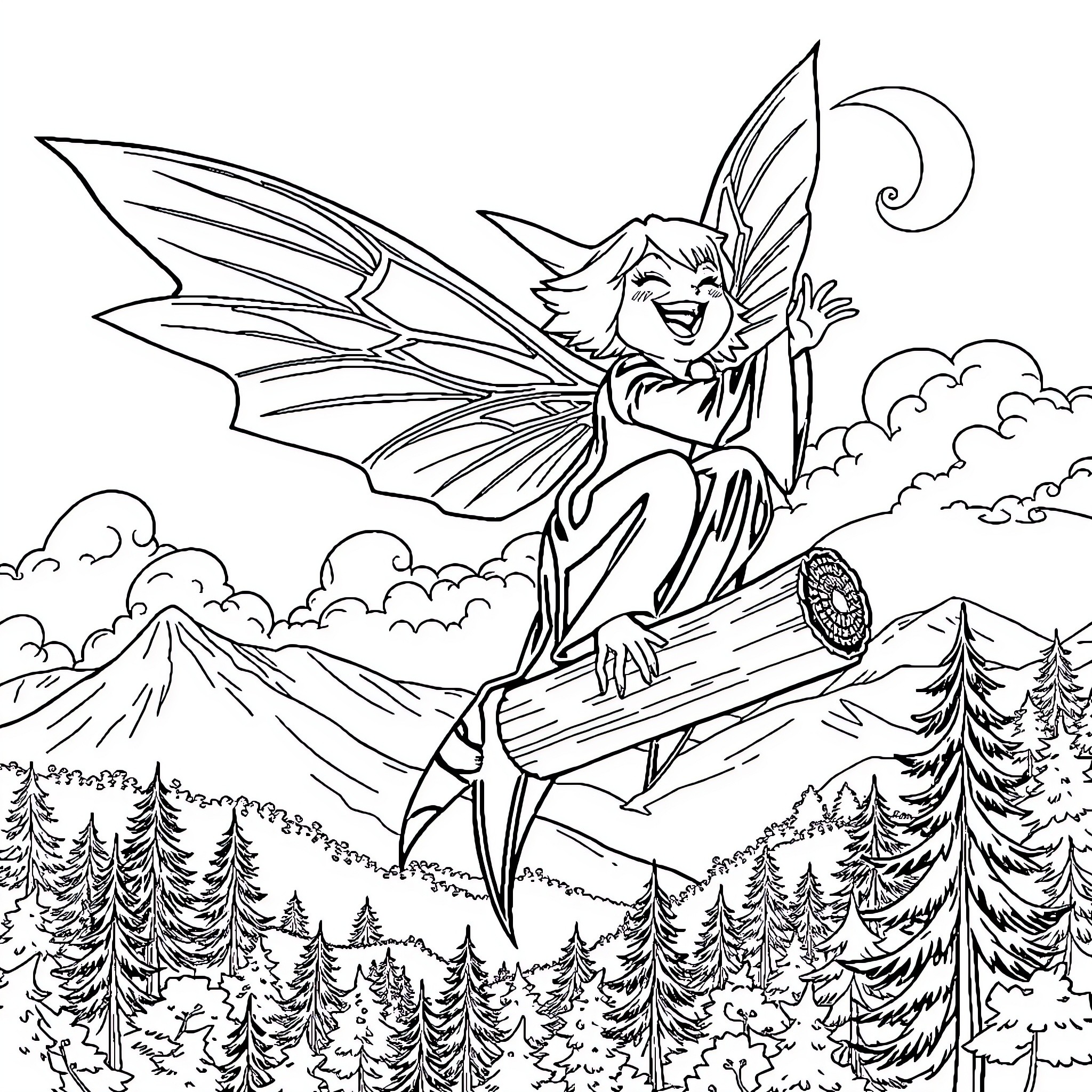 Witch flying gracefully over a magical forest Coloring Page (free black-and-white line drawing printable PDF for all, from beginners to advanced learners, including children, teens, adults, and seniors)