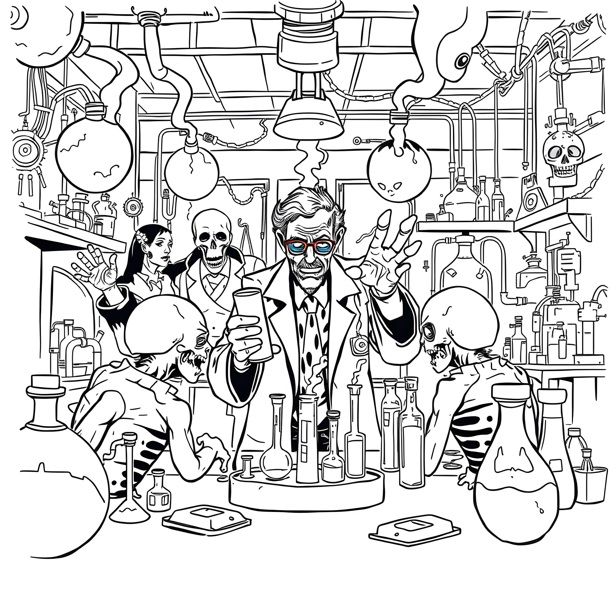 Zombie scientist's chaotic laboratory Coloring Page (free black-and-white line drawing printable PDF for all, from beginners to advanced learners, including children, teens, adults, and seniors)