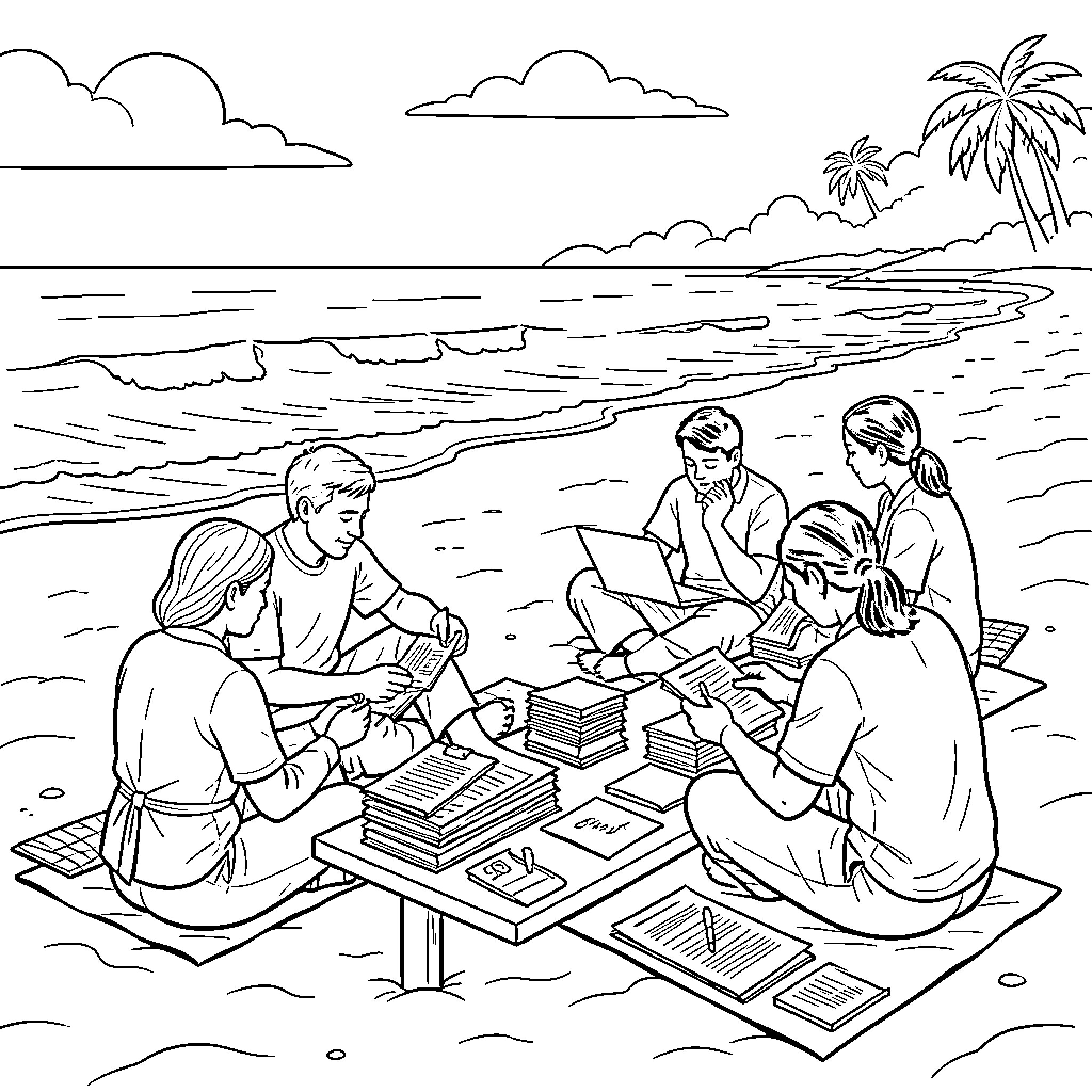 Tax Preparation on the Beach Coloring Page (free black-and-white line drawing printable PDF for all, from beginners to advanced learners, including children, teens, adults, and seniors)