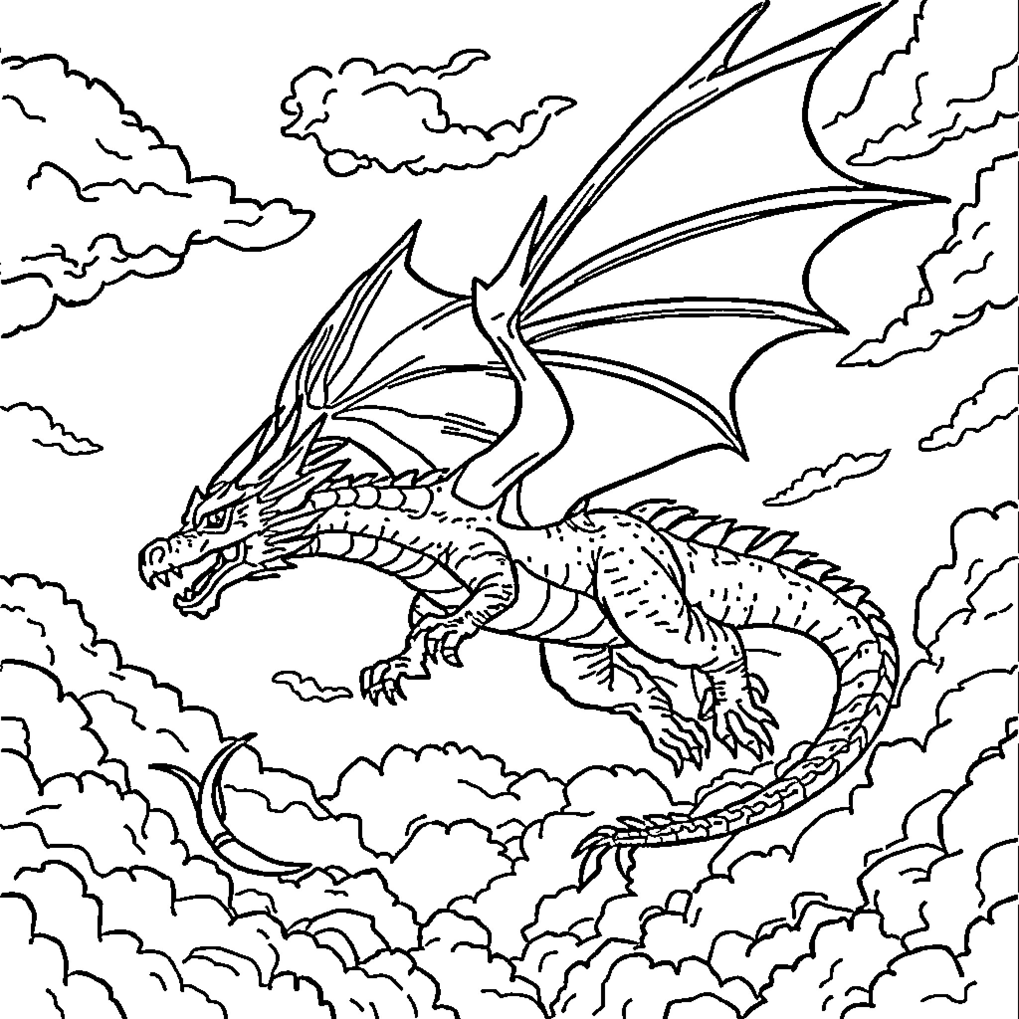Flying Dragon Soaring Through Cloudy Skies Coloring Page (free black-and-white line drawing printable PDF for all, from beginners to advanced learners, including children, teens, adults, and seniors)