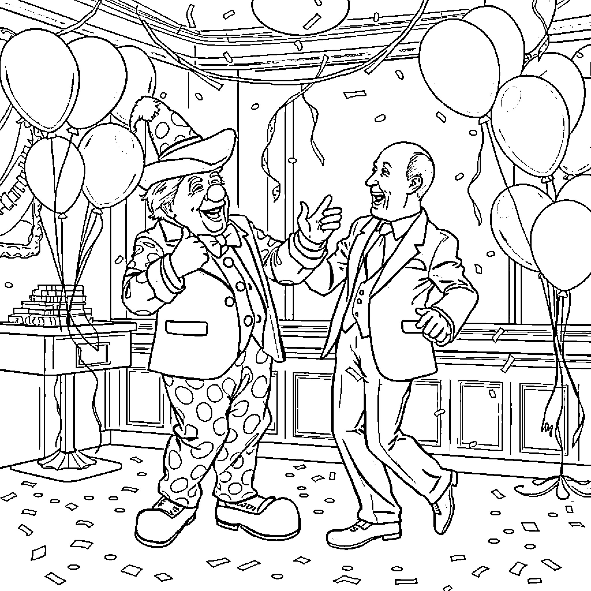 Trump's Celebration: Clowning and Carousing with Balloons Coloring Page (free black-and-white line drawing printable PDF for all, from beginners to advanced learners, including children, teens, adults, and seniors)