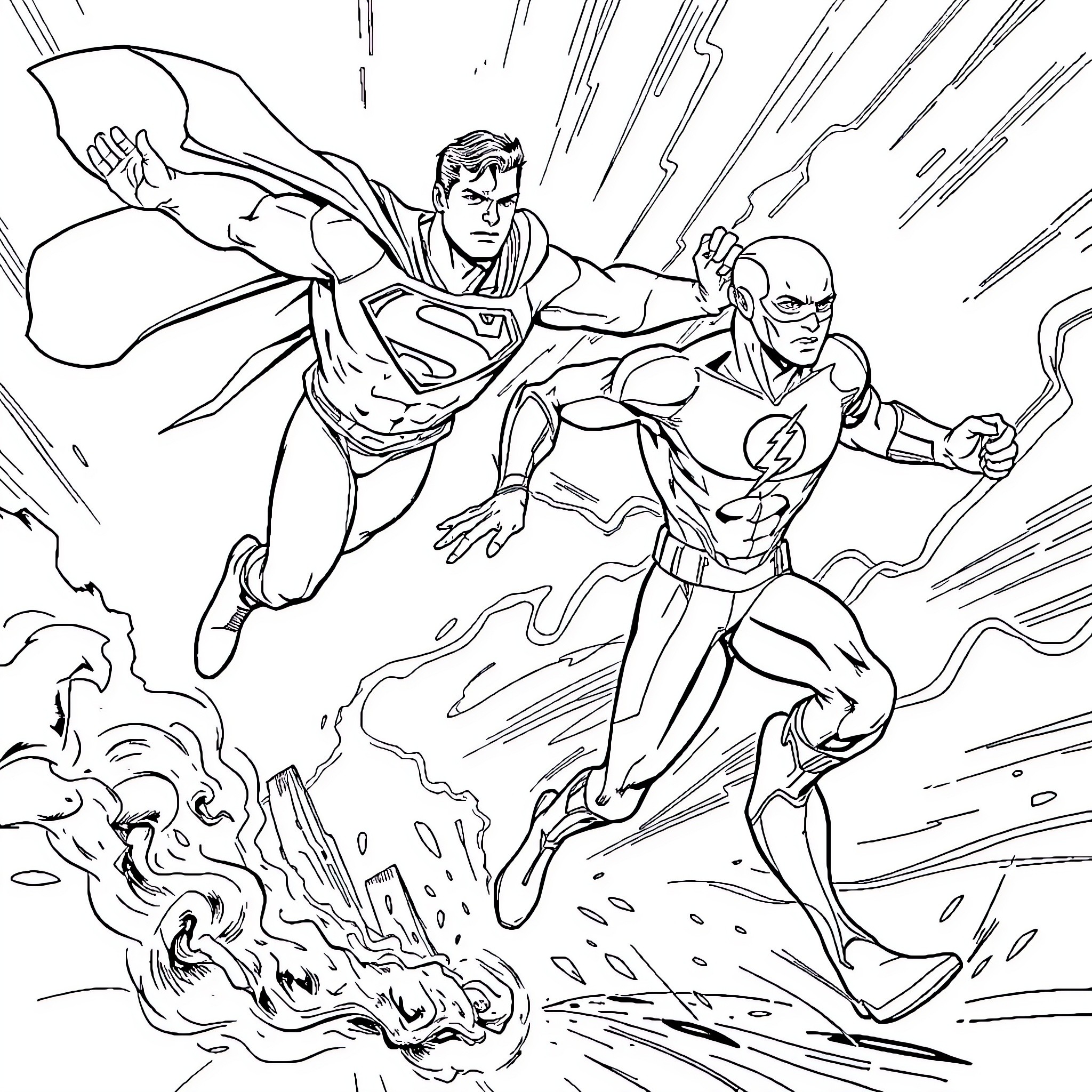 Superman and The Flash heroic action scene Coloring Page (free black-and-white line drawing printable PDF for all, from beginners to advanced learners, including children, teens, adults, and seniors)