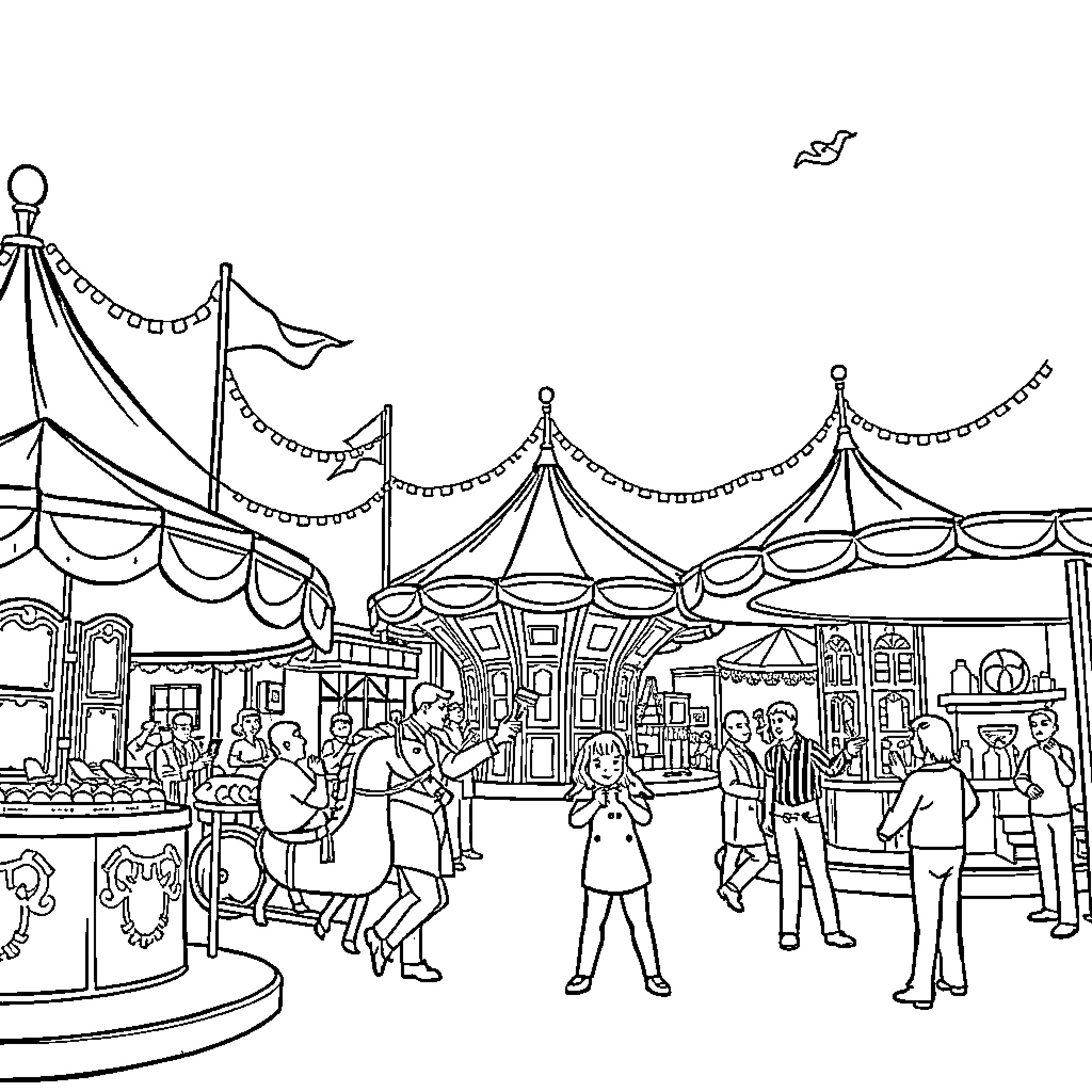 Funfair with lively activities and festive decor Coloring Page (free black-and-white line drawing printable PDF for all, from beginners to advanced learners, including children, teens, adults, and seniors)