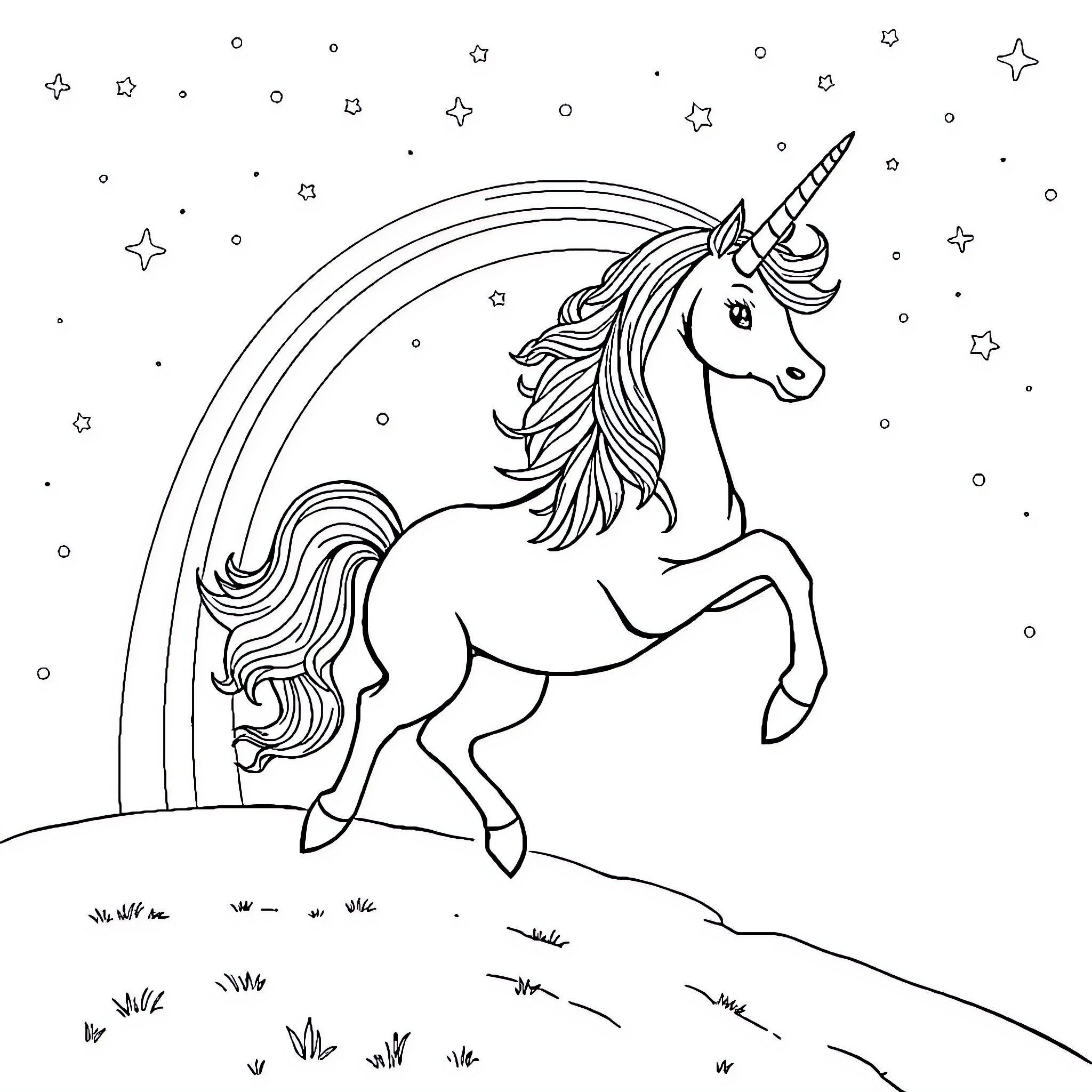 Unicorn galloping through a starry night sky Coloring Page (free black-and-white line drawing printable PDF for all, from beginners to advanced learners, including children, teens, adults, and seniors)