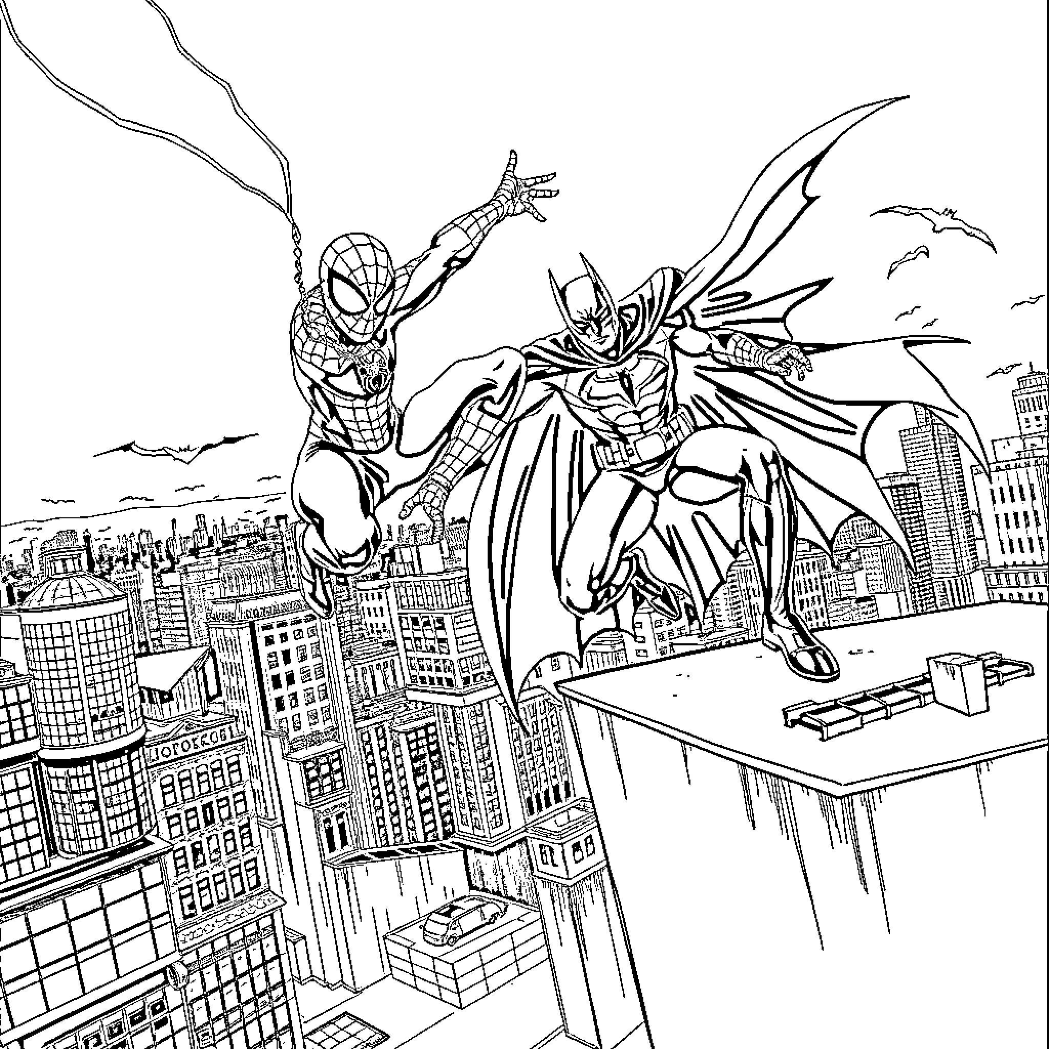 Superheroes Soaring Over the City Coloring Page (free black-and-white line drawing printable PDF for all, from beginners to advanced learners, including children, teens, adults, and seniors)