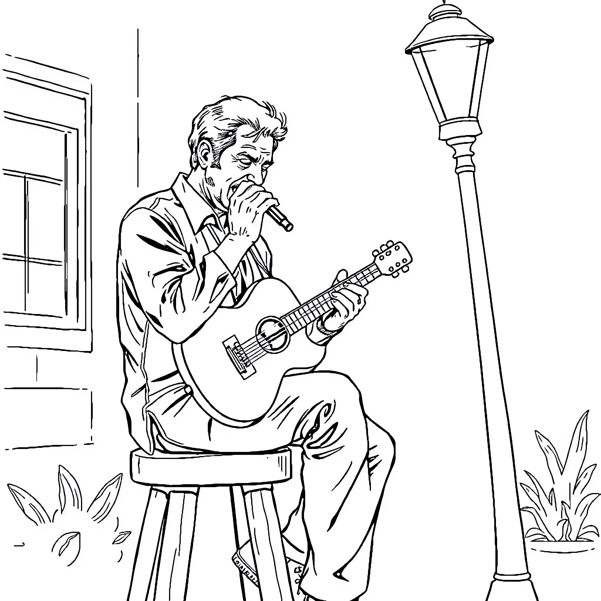 Man playing guitar and singing by street lamp Coloring Page (free black-and-white line drawing printable PDF for all, from beginners to advanced learners, including children, teens, adults, and seniors)