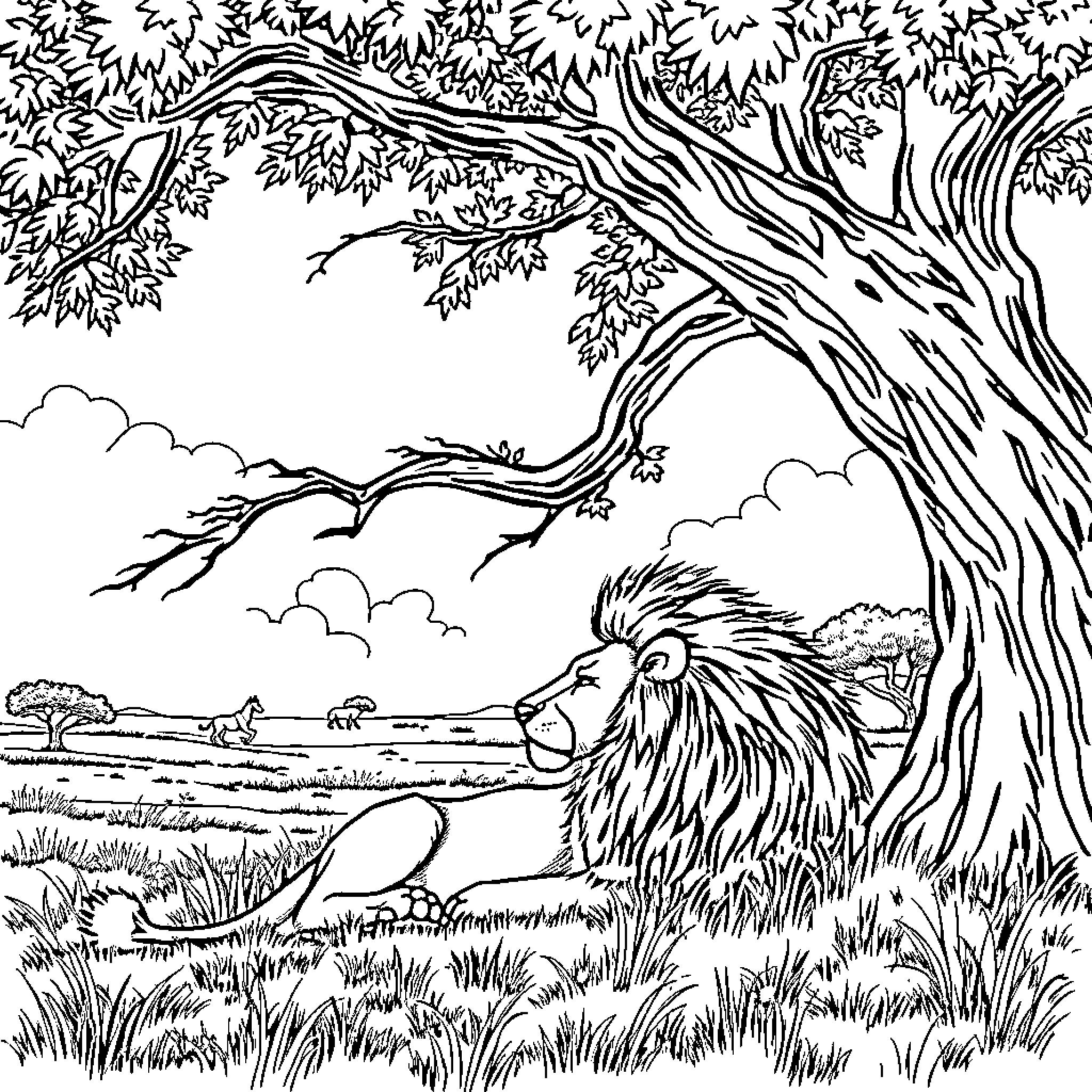 Lion resting under a massive tree Coloring Page (free black-and-white line drawing printable PDF for all, from beginners to advanced learners, including children, teens, adults, and seniors)