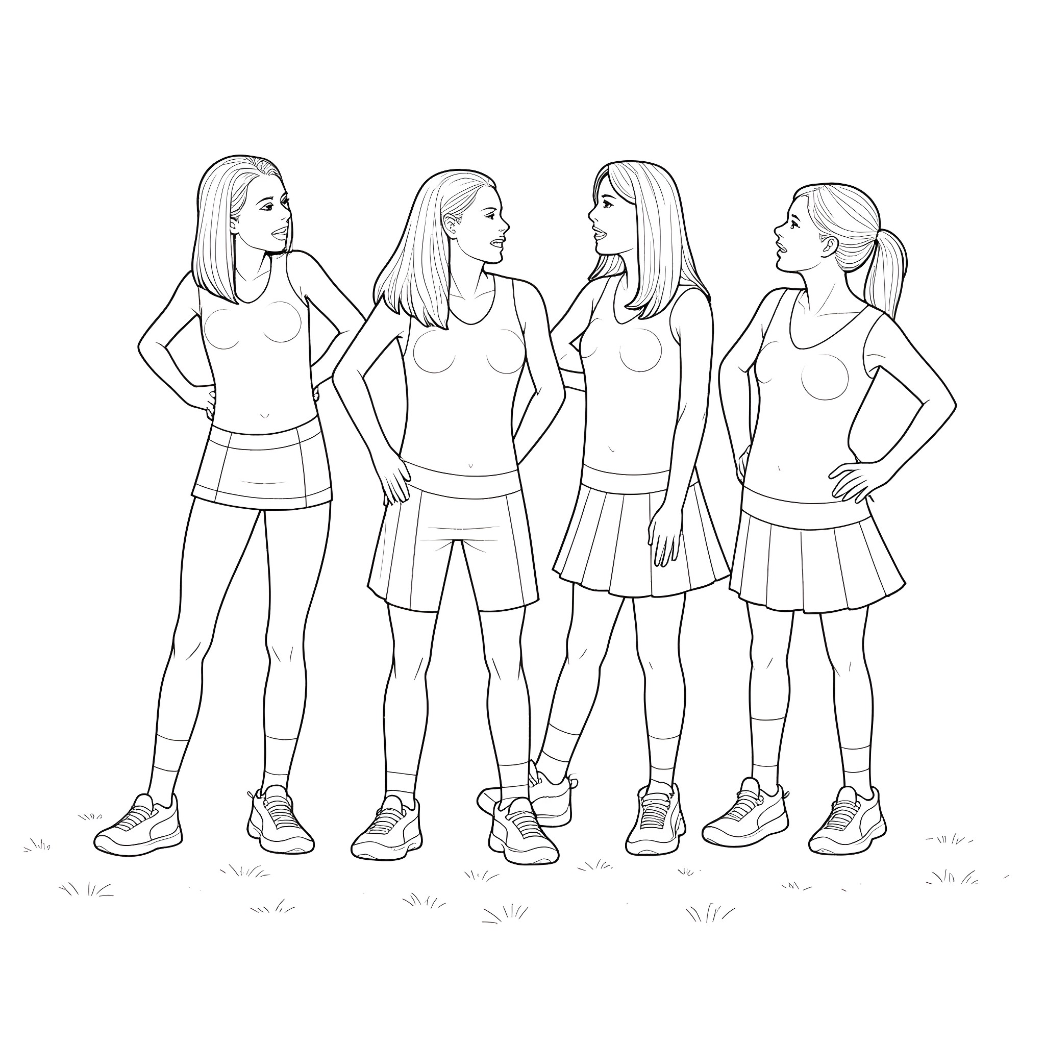 Cheerleader friends in active wear posing together Coloring Page (free black-and-white line drawing printable PDF for all, from beginners to advanced learners, including children, teens, adults, and seniors)