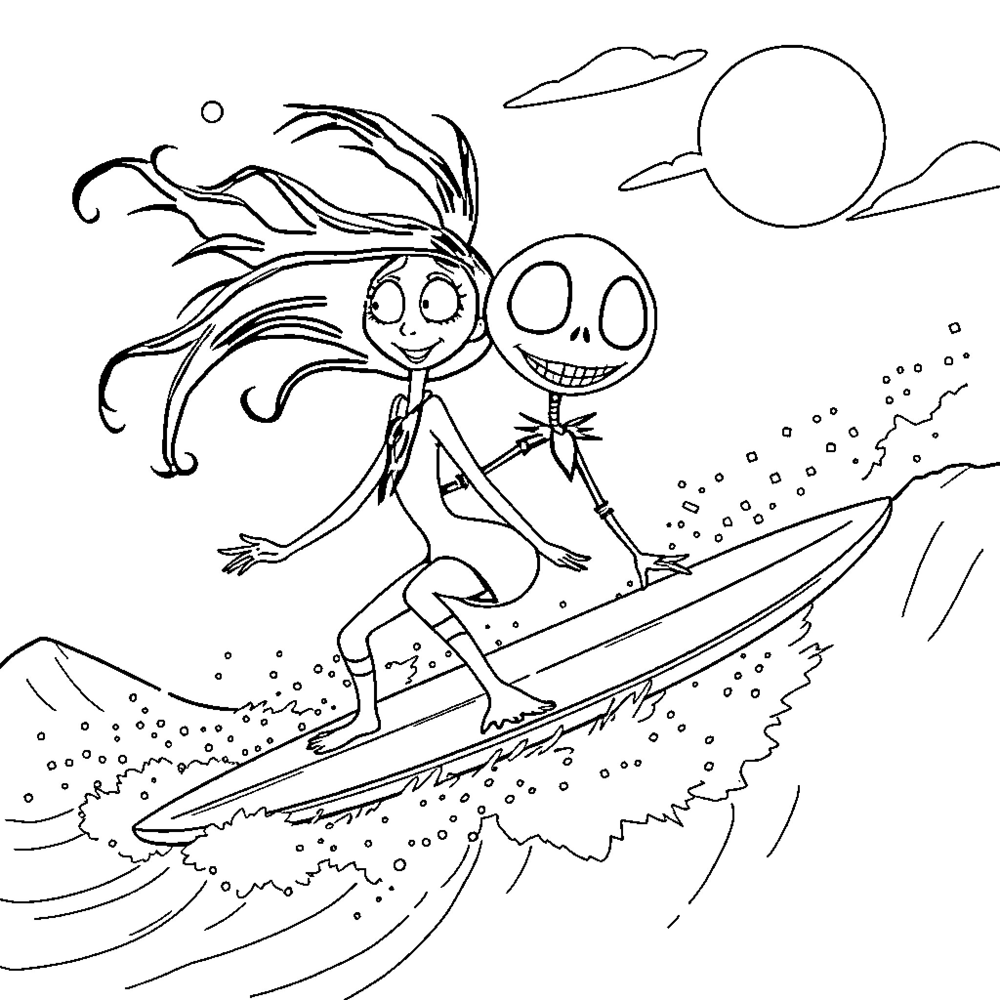 Coraline surfing on a moonlit night Coloring Page (free black-and-white line drawing printable PDF for all, from beginners to advanced learners, including children, teens, adults, and seniors)