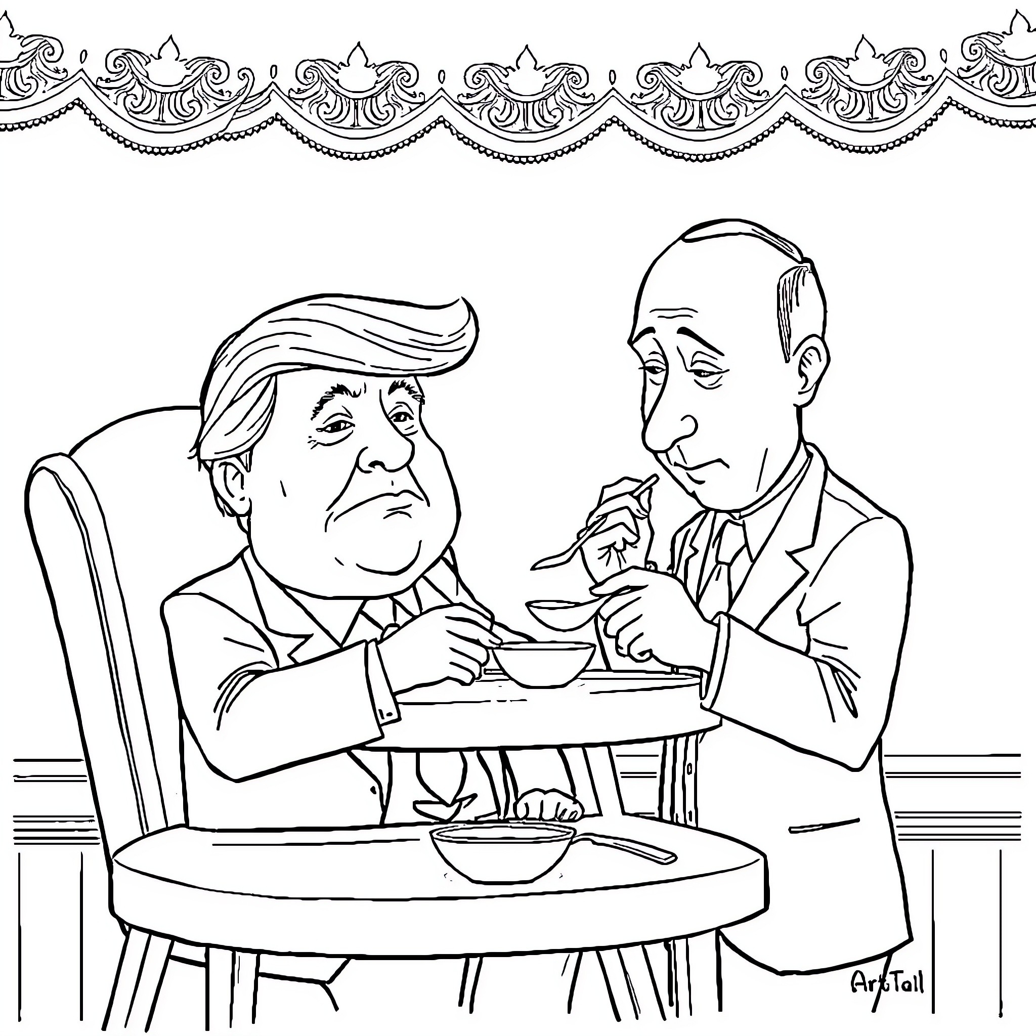 Donald Trump and Vladimir Putin Enjoying a Meal Together Coloring Page (free black-and-white line drawing printable PDF for all, from beginners to advanced learners, including children, teens, adults, and seniors)