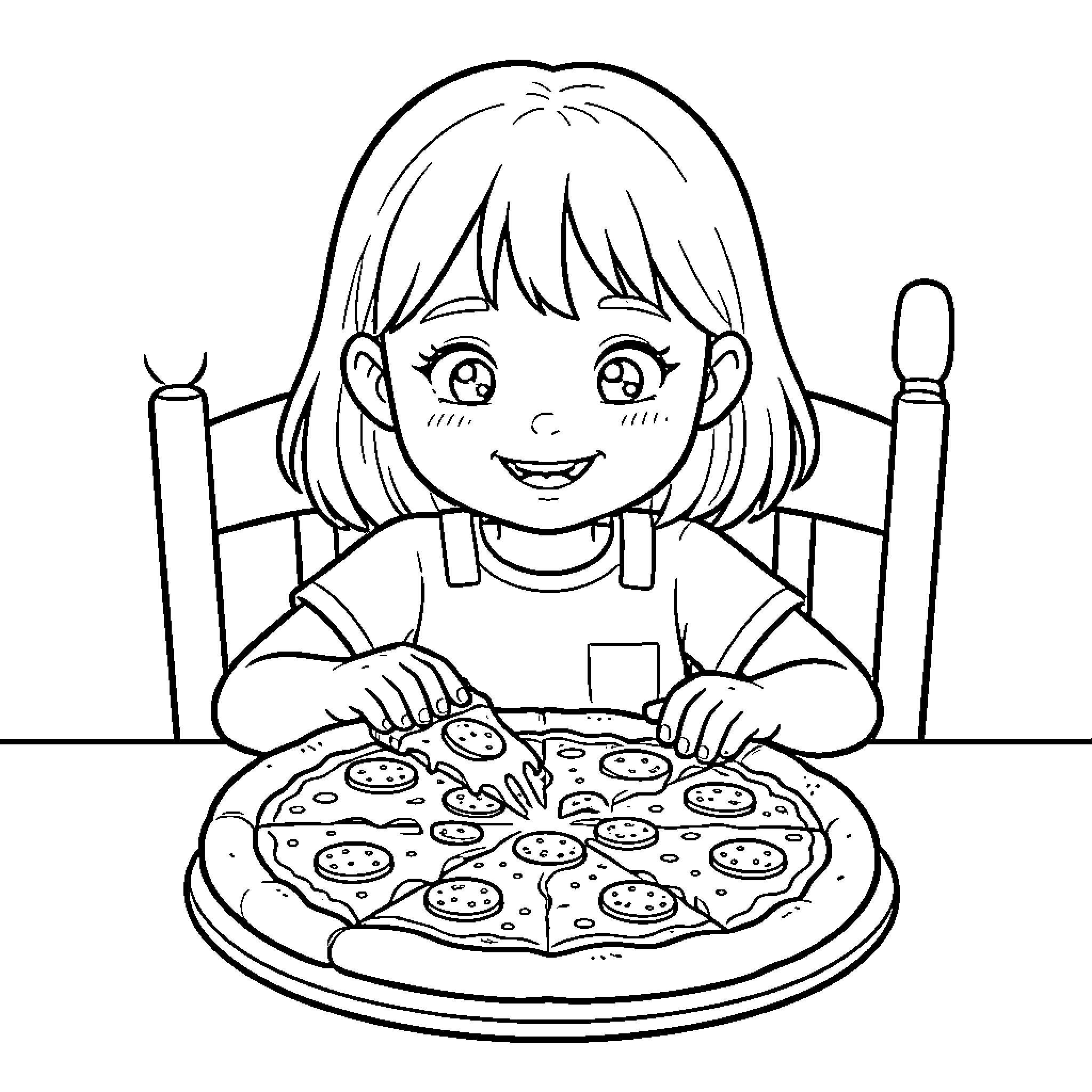 Nina enjoying a delicious pizza Coloring Page (free black-and-white line drawing printable PDF for all, from beginners to advanced learners, including children, teens, adults, and seniors)