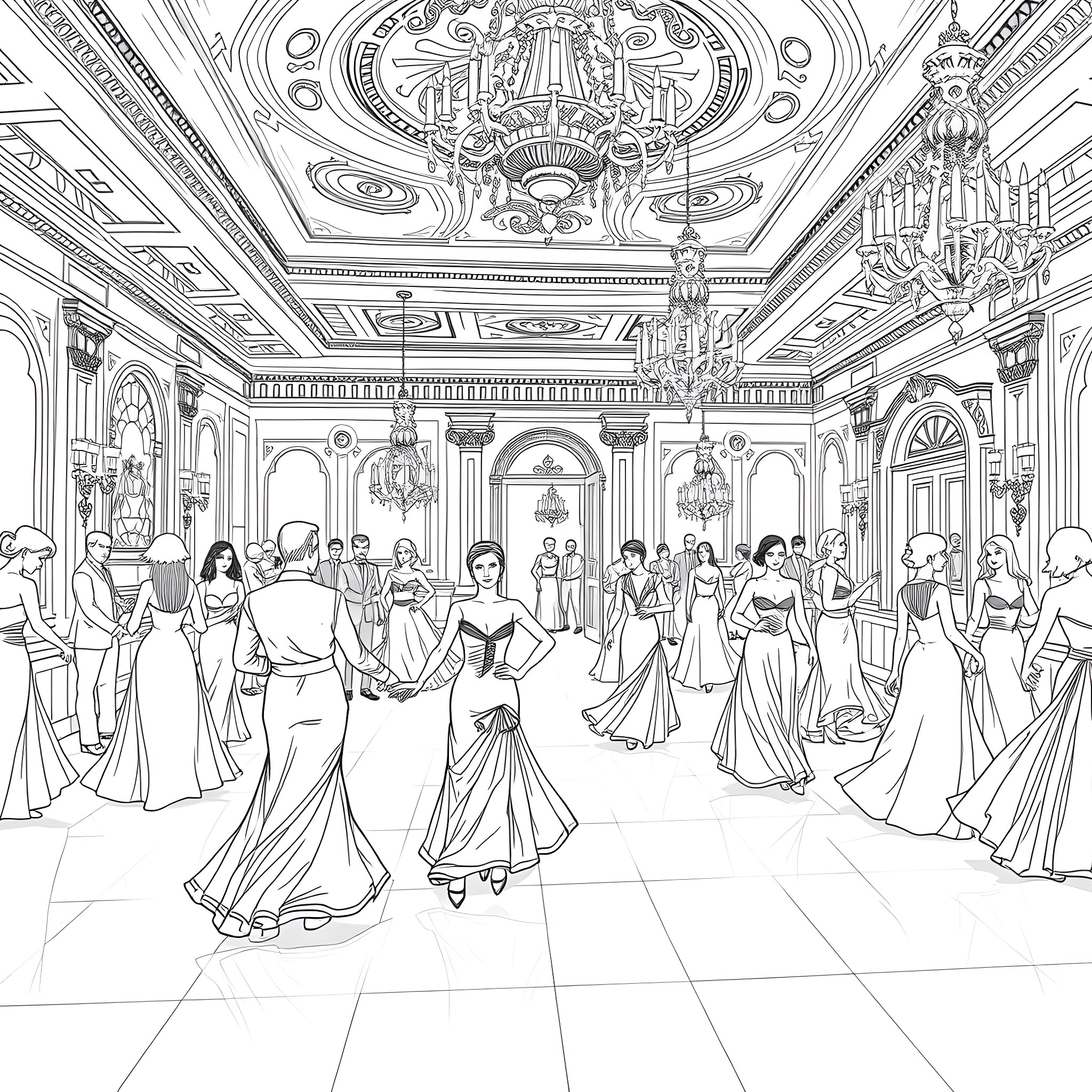 Waltz of Elegance in a Lavish Ballroom Coloring Page (free black-and-white line drawing printable PDF for all, from beginners to advanced learners, including children, teens, adults, and seniors)