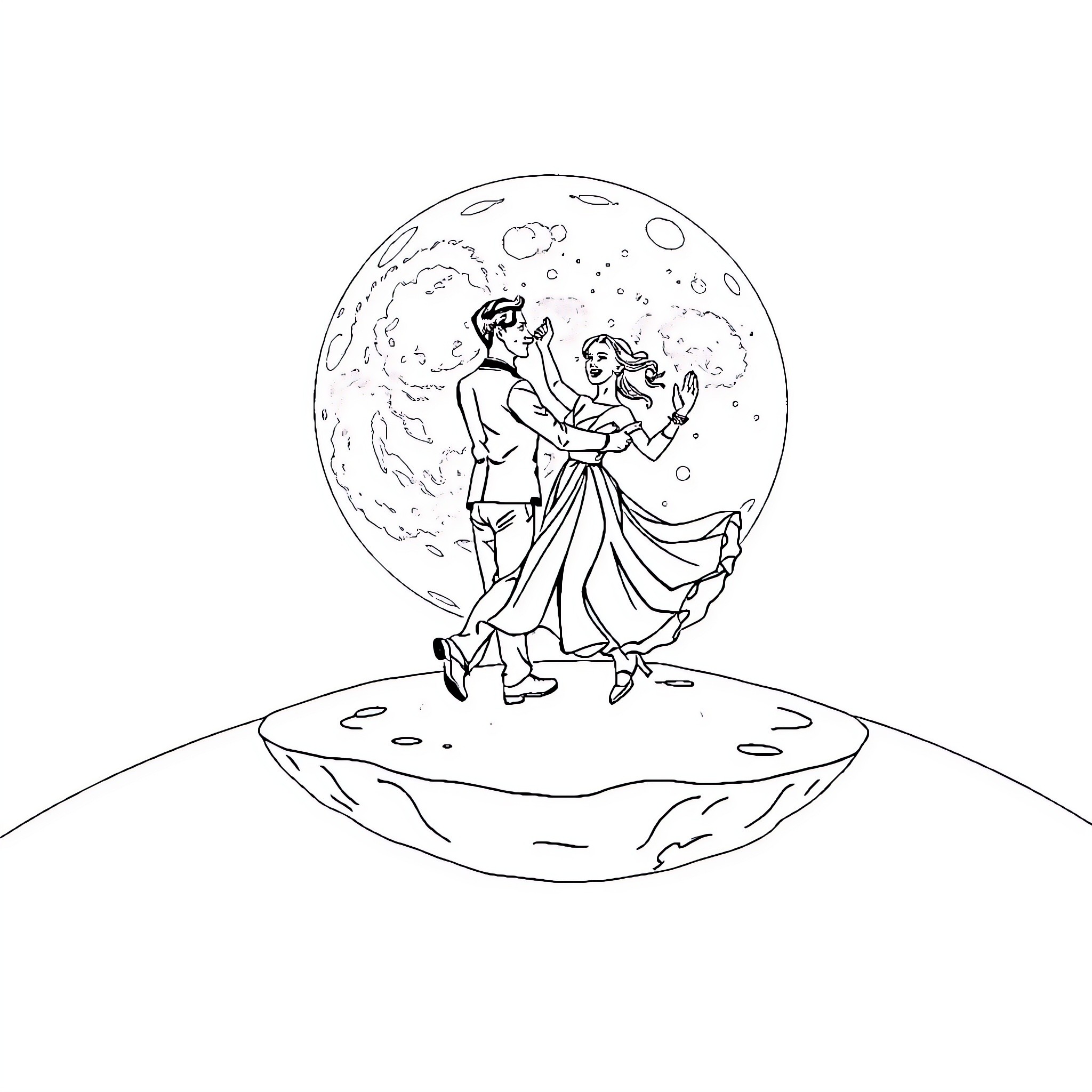 Couple dancing under the moonlight Coloring Page (free black-and-white line drawing printable PDF for all, from beginners to advanced learners, including children, teens, adults, and seniors)