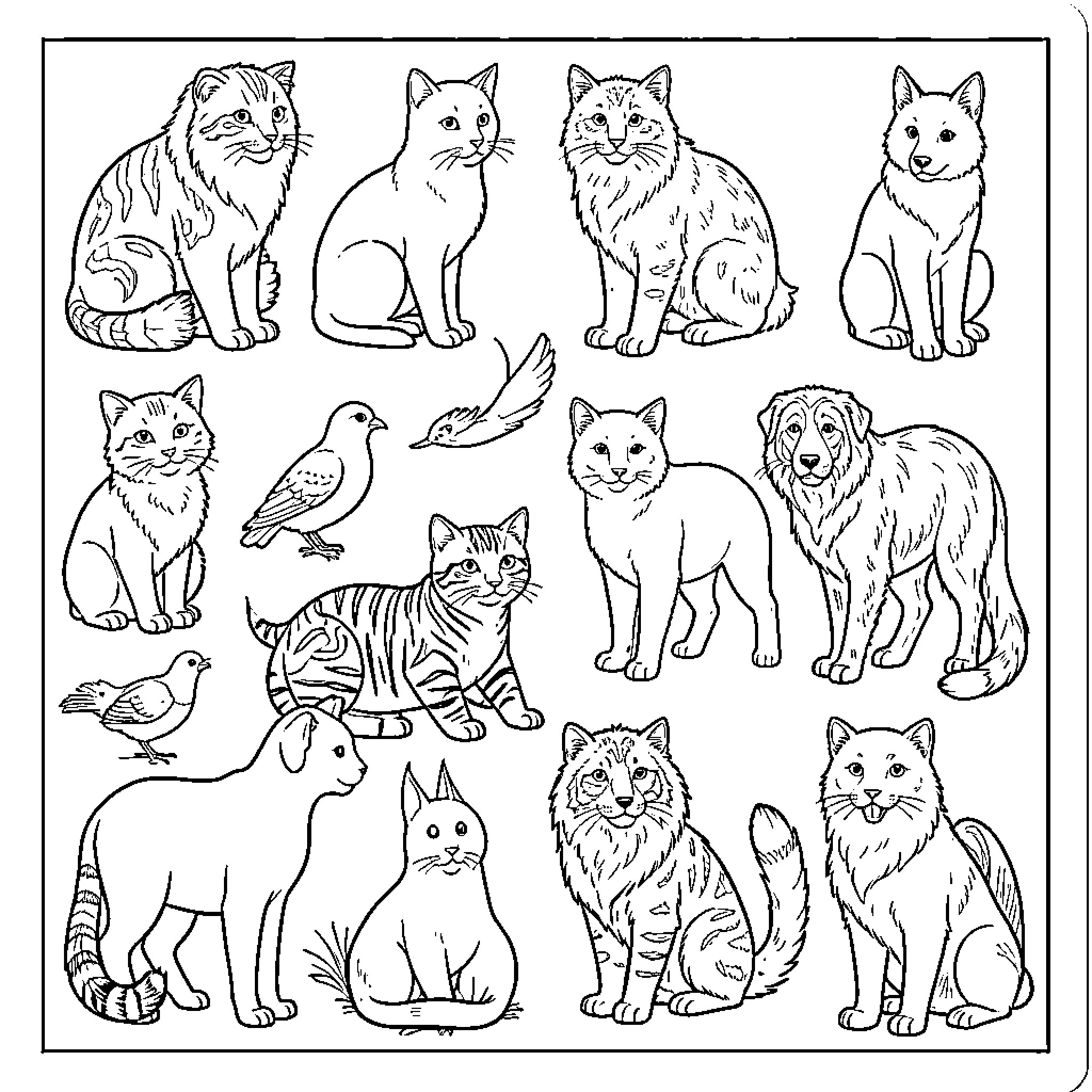 Animal collection featuring various cute cats and dogs Coloring Page (free black-and-white line drawing printable PDF for all, from beginners to advanced learners, including children, teens, adults, and seniors)