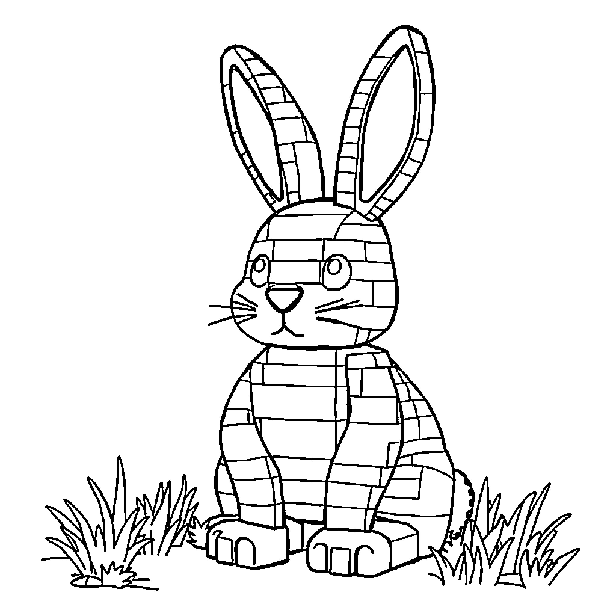 Lego Bunny in a Grassy Scene Coloring Page (free black-and-white line drawing printable PDF for all, from beginners to advanced learners, including children, teens, adults, and seniors)