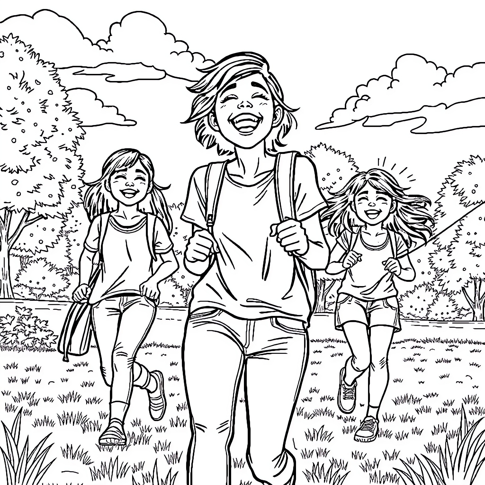 Girl Hiking Outdoors with Friends in Nature Coloring Page (free black-and-white line drawing printable PDF for all, from beginners to advanced learners, including children, teens, adults, and seniors)