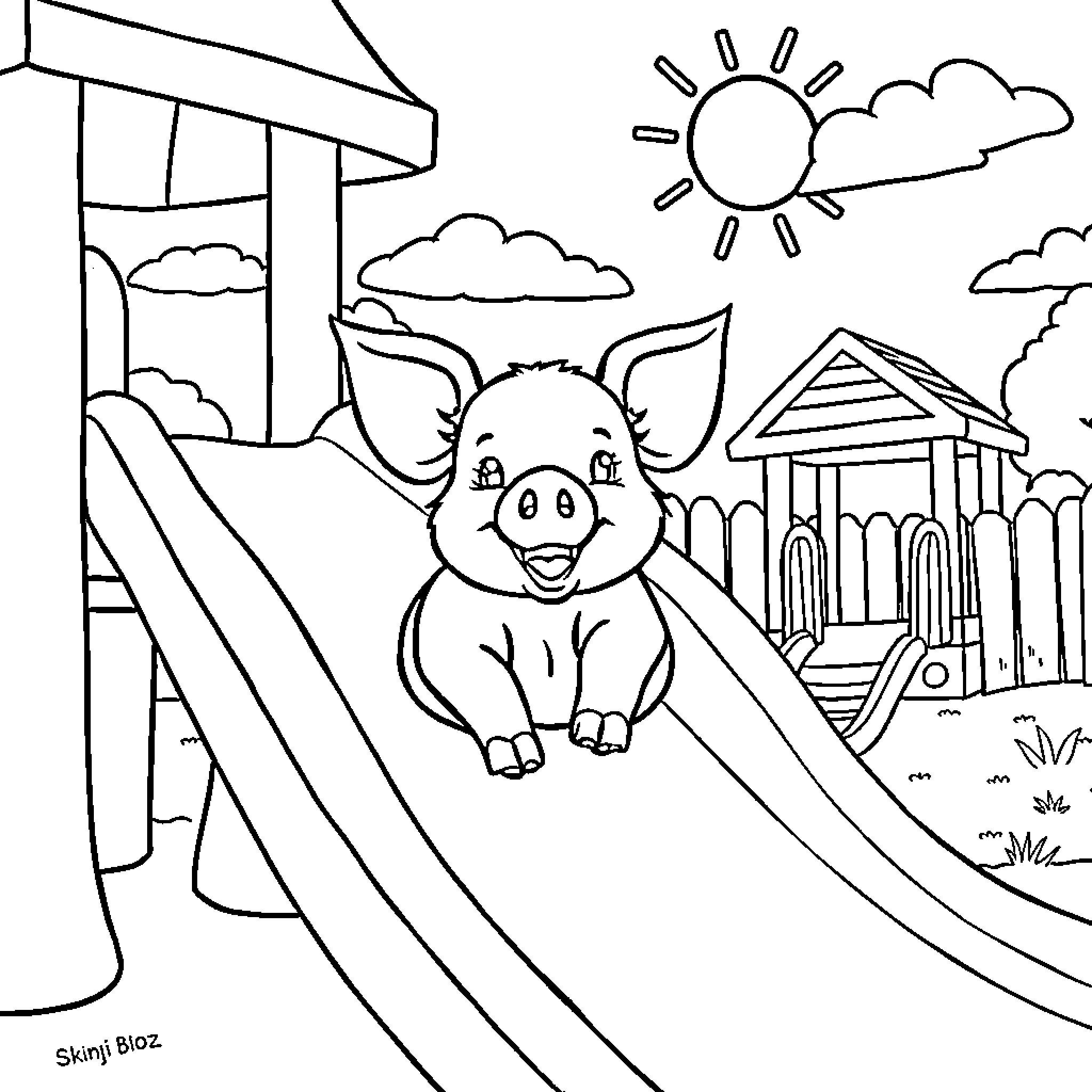 Piglet playing joyfully on the playground slide Coloring Page (free black-and-white line drawing printable PDF for all, from beginners to advanced learners, including children, teens, adults, and seniors)
