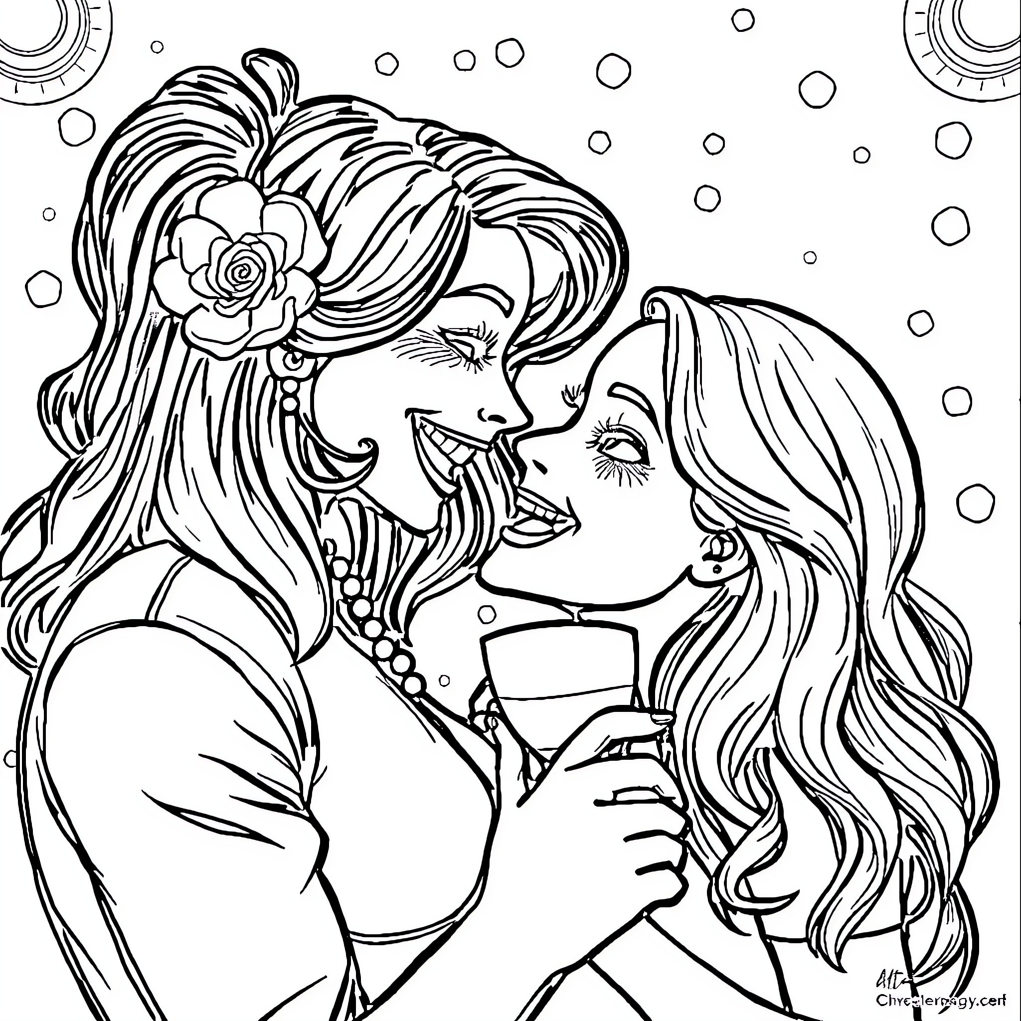 Coco's Romantic Embrace Coloring Page (free black-and-white line drawing printable PDF for all, from beginners to advanced learners, including children, teens, adults, and seniors)