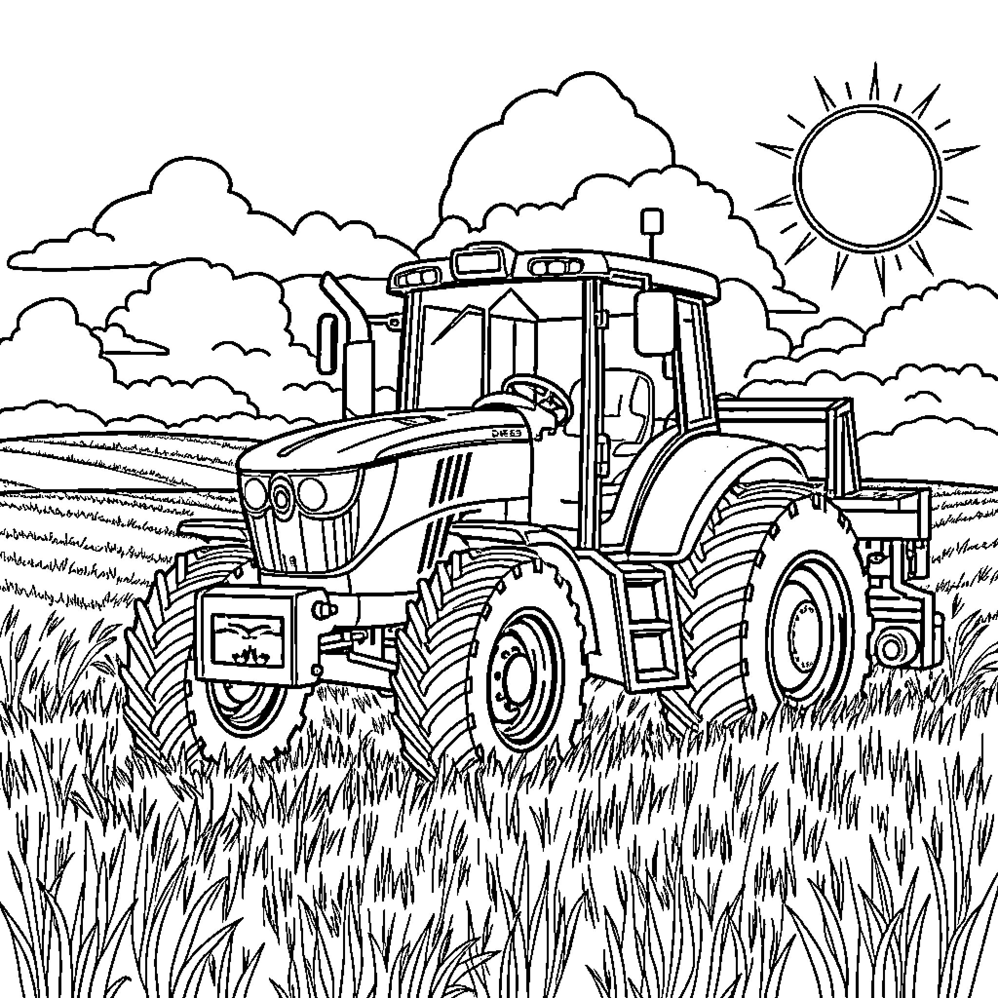 Tractor plowing the field under the sunny sky Coloring Page (free black-and-white line drawing printable PDF for all, from beginners to advanced learners, including children, teens, adults, and seniors)