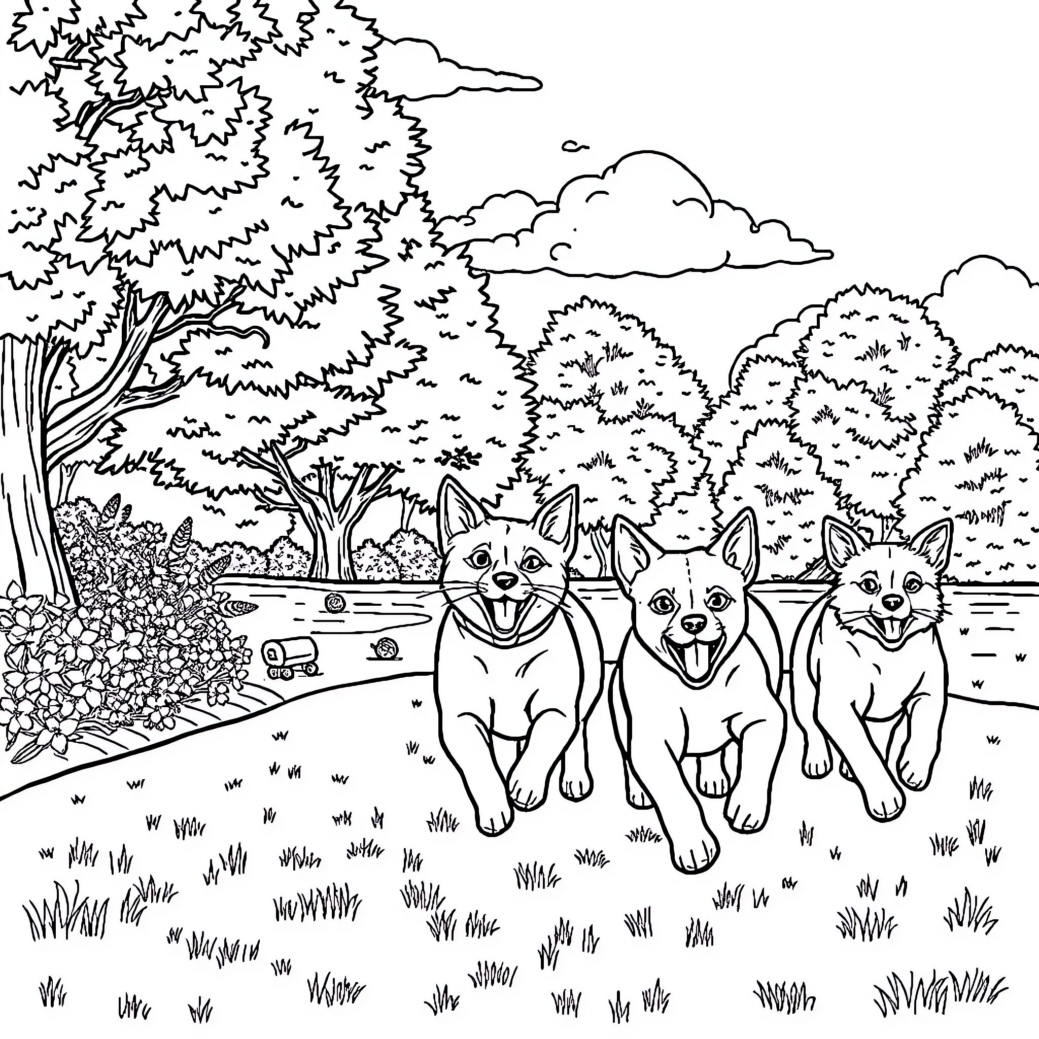 Cat and Dog enjoying a walk in the park Coloring Page (free black-and-white line drawing printable PDF for all, from beginners to advanced learners, including children, teens, adults, and seniors)