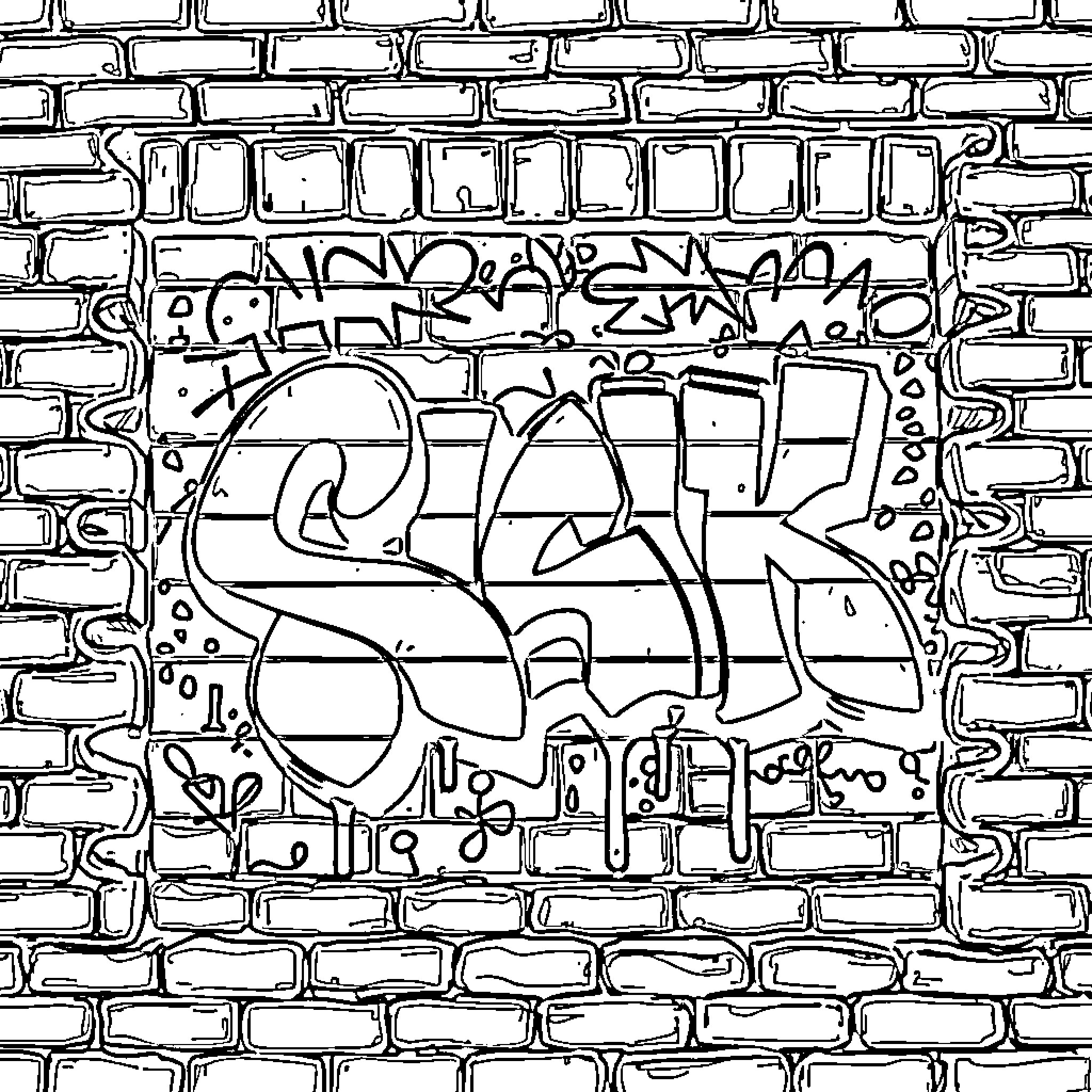 Graffiti art on brick wall with stylized lettering Coloring Page (free black-and-white line drawing printable PDF for all, from beginners to advanced learners, including children, teens, adults, and seniors)