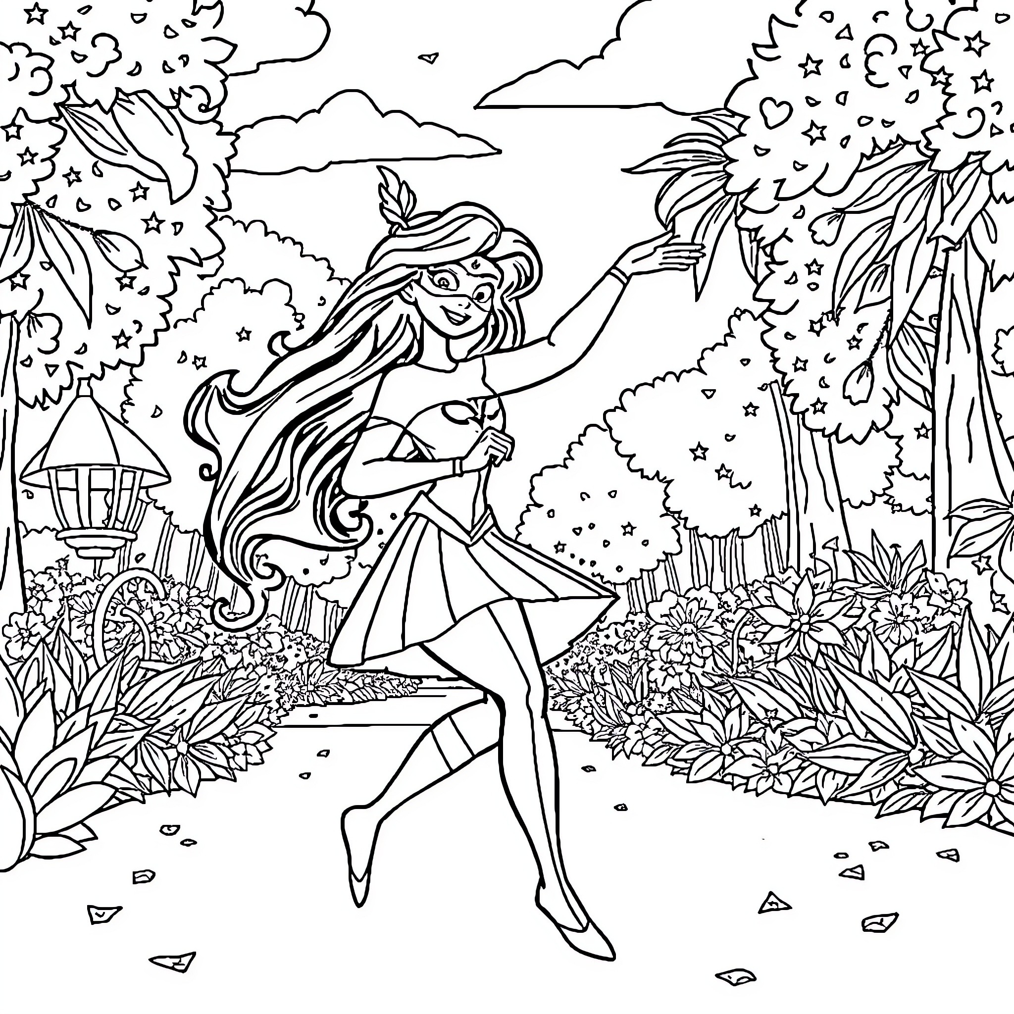 Miraculous Girl Dancing Amongst Magical Flowers Coloring Page (free black-and-white line drawing printable PDF for all, from beginners to advanced learners, including children, teens, adults, and seniors)