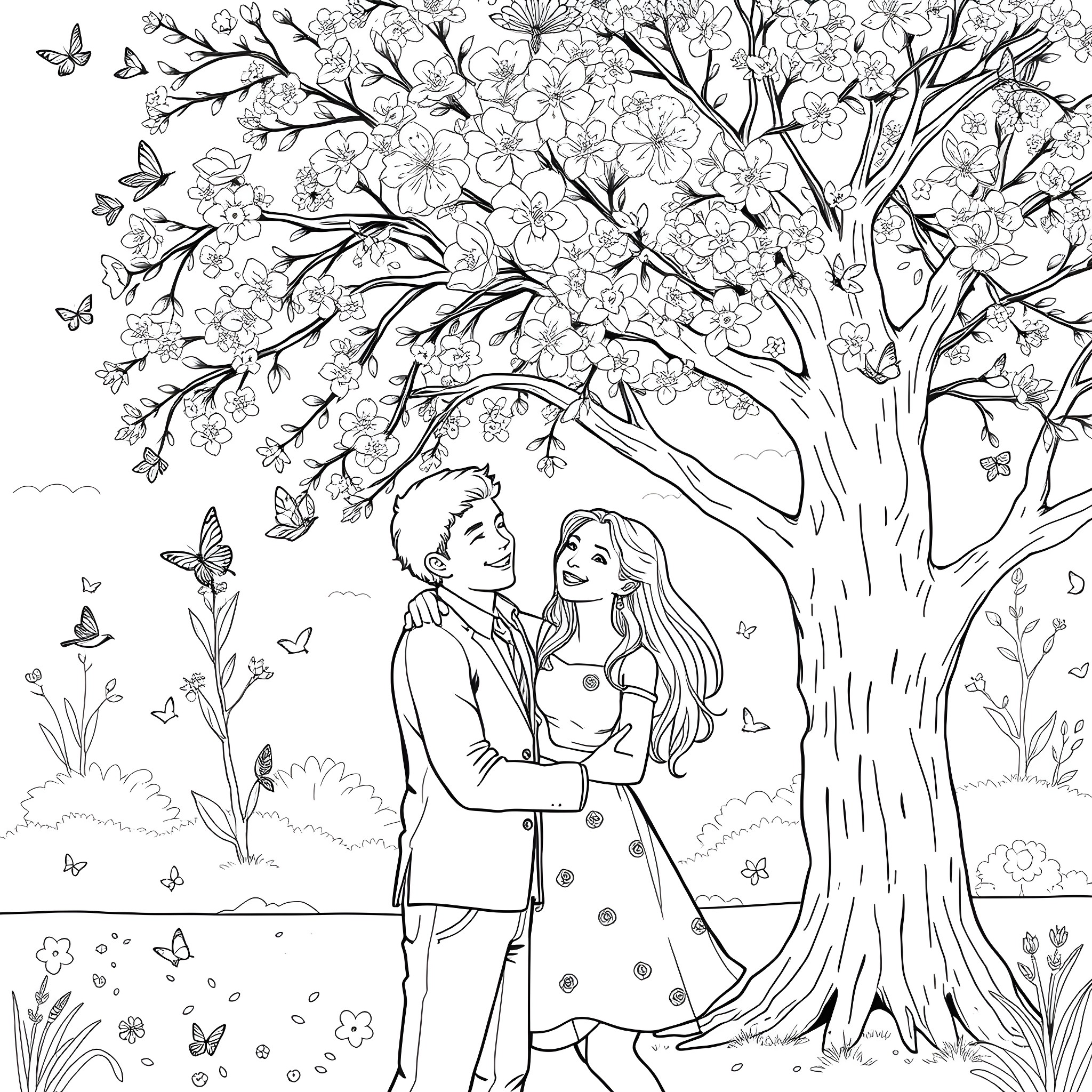 Jonathan's Romantic Embrace Under the Blossoming Tree Coloring Page (free black-and-white line drawing printable PDF for all, from beginners to advanced learners, including children, teens, adults, and seniors)