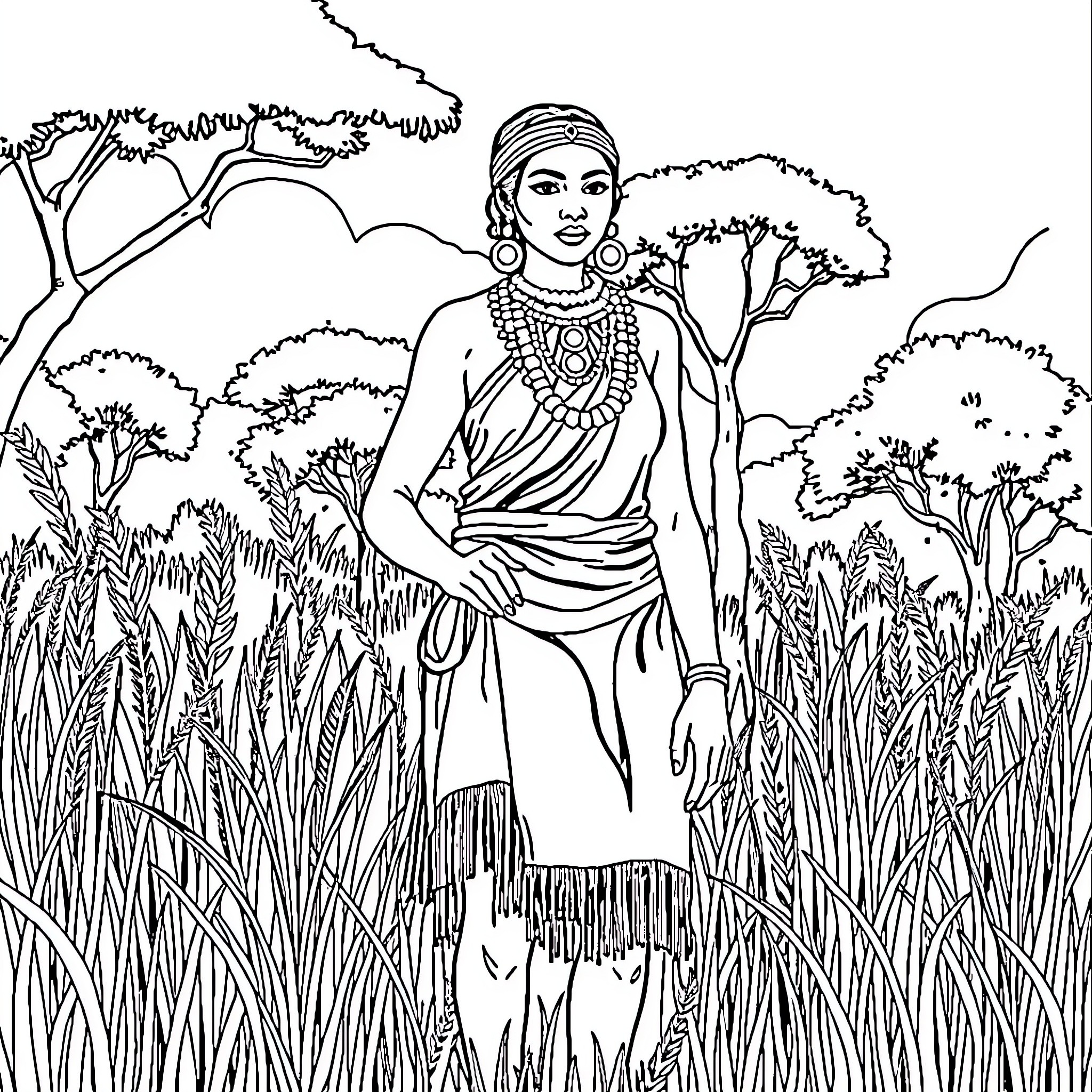 Bush Woman in Traditional Outfit Amid Nature Coloring Page (free black-and-white line drawing printable PDF for all, from beginners to advanced learners, including children, teens, adults, and seniors)