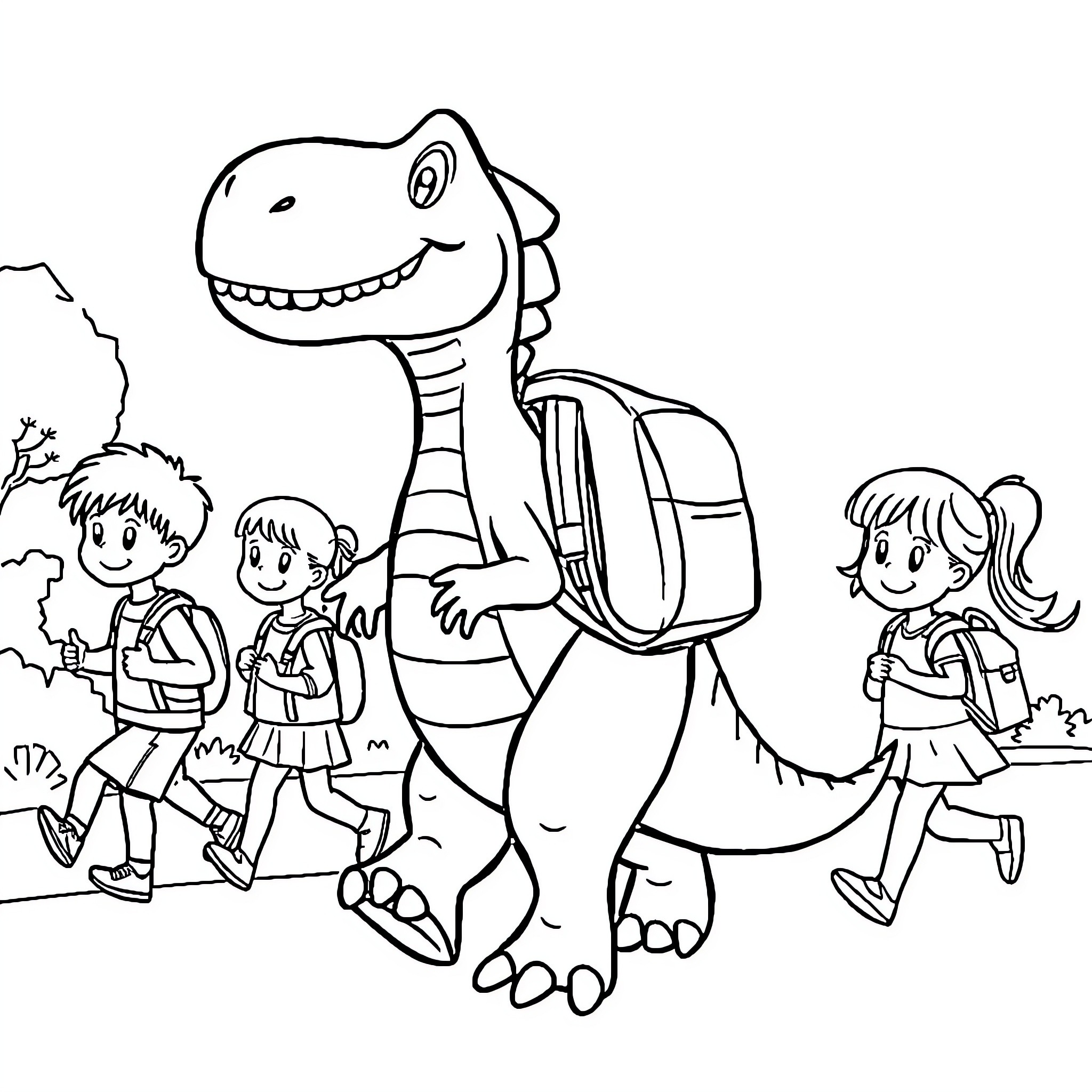 Dinosaur accompanies children on school trip Coloring Page (free black-and-white line drawing printable PDF for all, from beginners to advanced learners, including children, teens, adults, and seniors)
