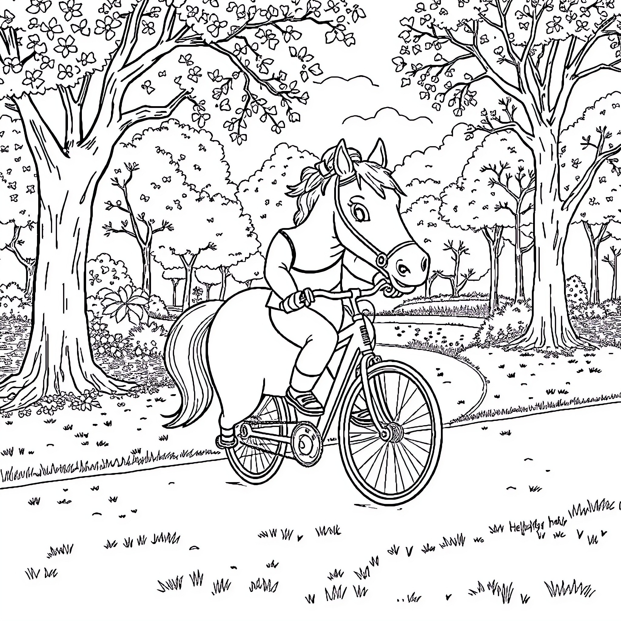 Cinderella enjoying a bicycle ride through the enchanted forest Coloring Page (free black-and-white line drawing printable PDF for all, from beginners to advanced learners, including children, teens, adults, and seniors)