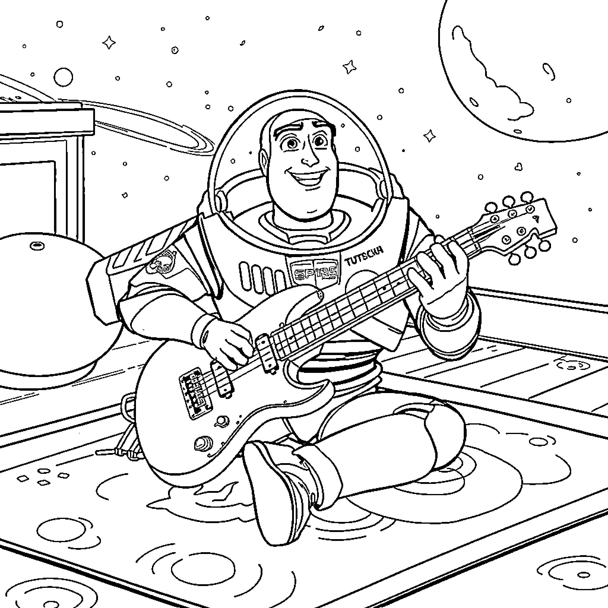 Buzz Lightyear playing guitar in outer space Coloring Page (free black-and-white line drawing printable PDF for all, from beginners to advanced learners, including children, teens, adults, and seniors)