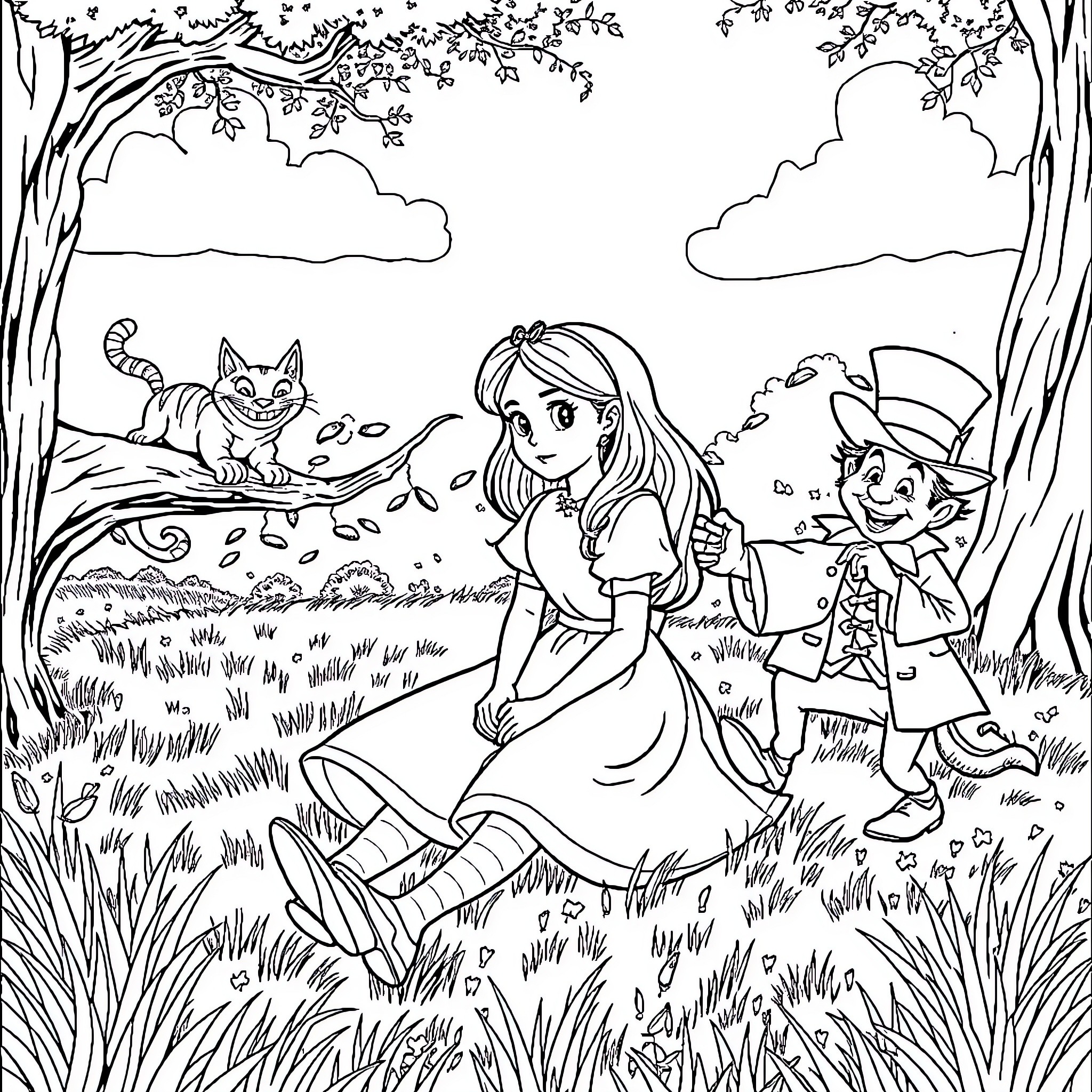 Alice's Adventures in the Enchanted Forest Coloring Page (free black-and-white line drawing printable PDF for all, from beginners to advanced learners, including children, teens, adults, and seniors)