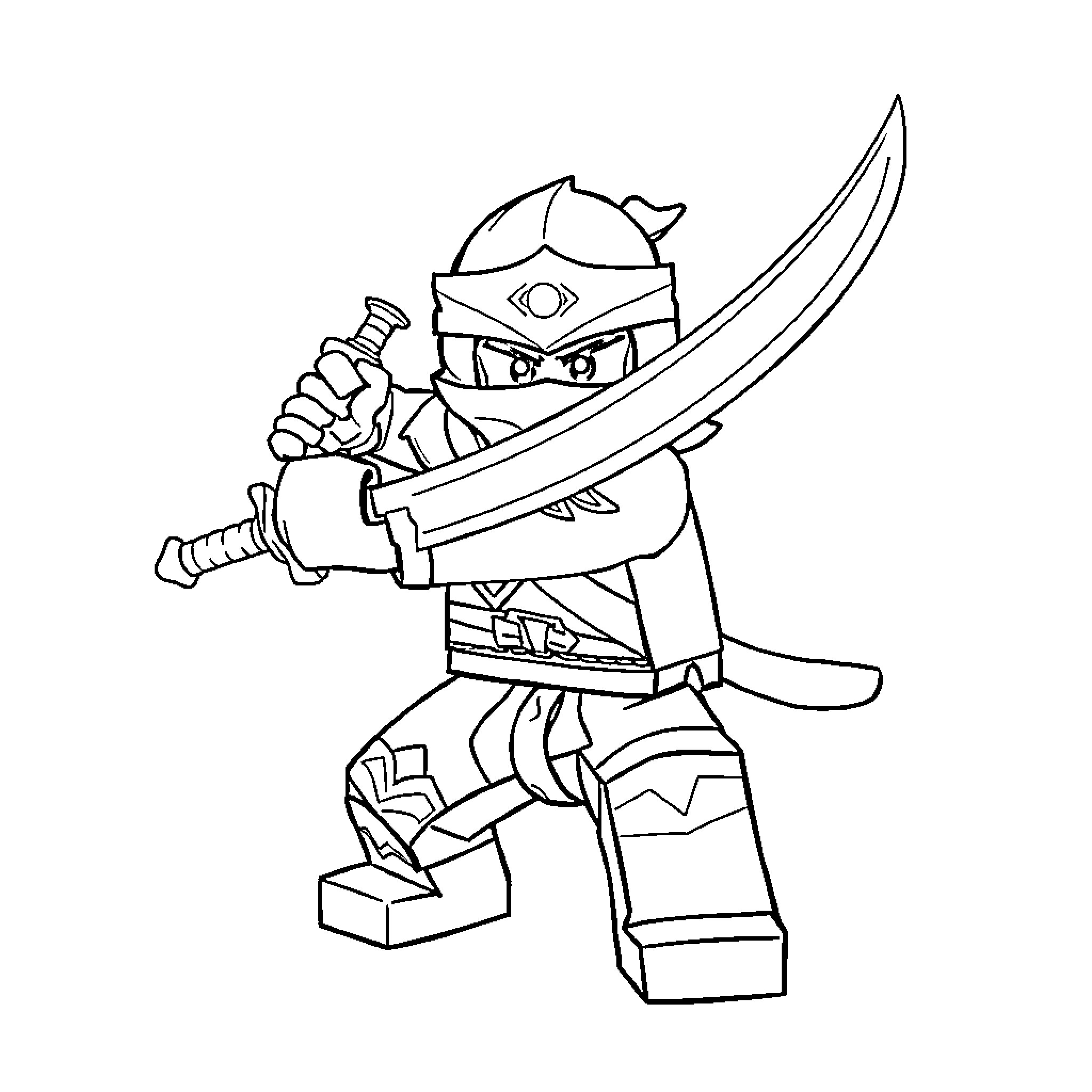 Kai the Ninja Warrior Wields Sword Bravely Coloring Page (free black-and-white line drawing printable PDF for all, from beginners to advanced learners, including children, teens, adults, and seniors)