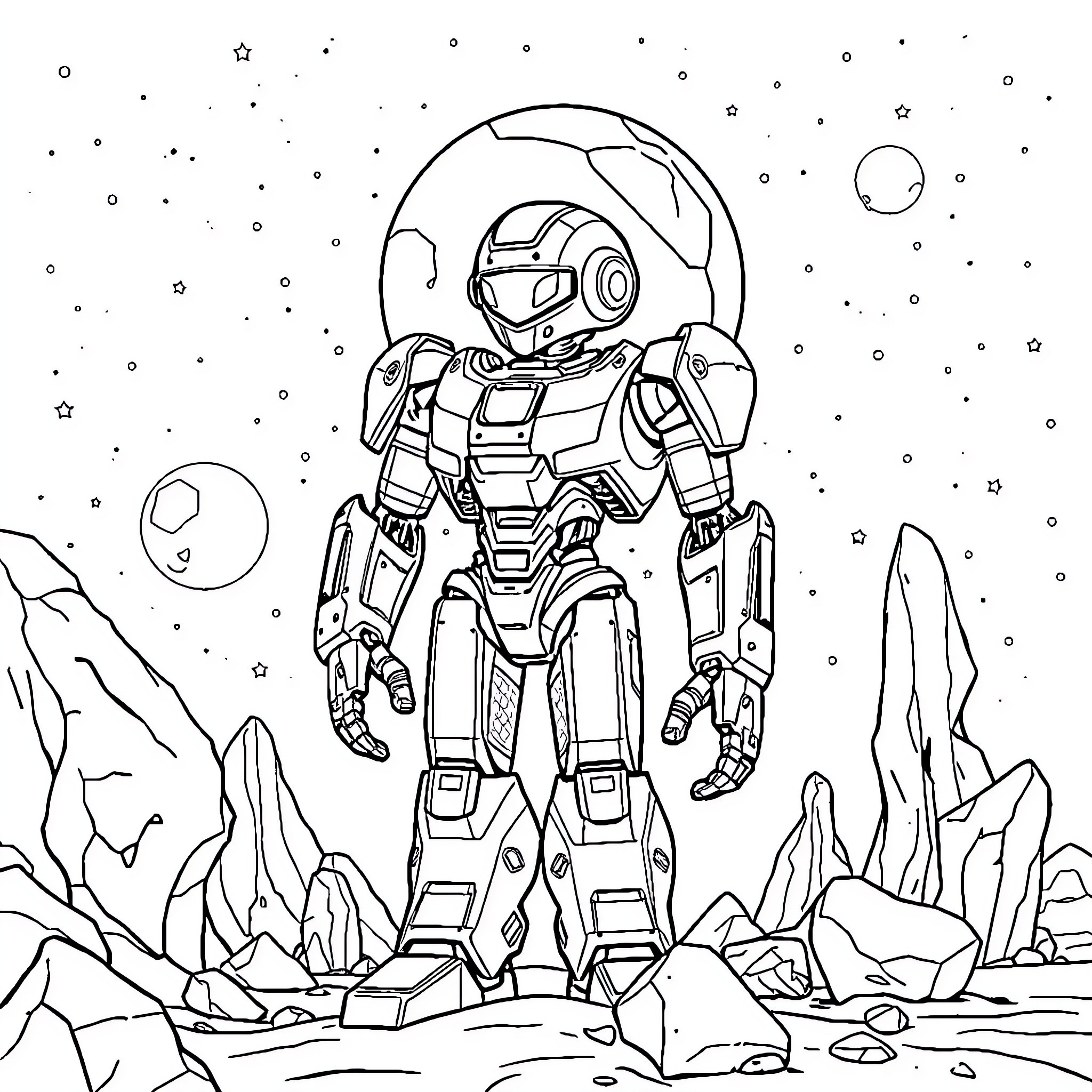 Robot Astronaut Exploring Alien Landscape Coloring Page (free black-and-white line drawing printable PDF for all, from beginners to advanced learners, including children, teens, adults, and seniors)