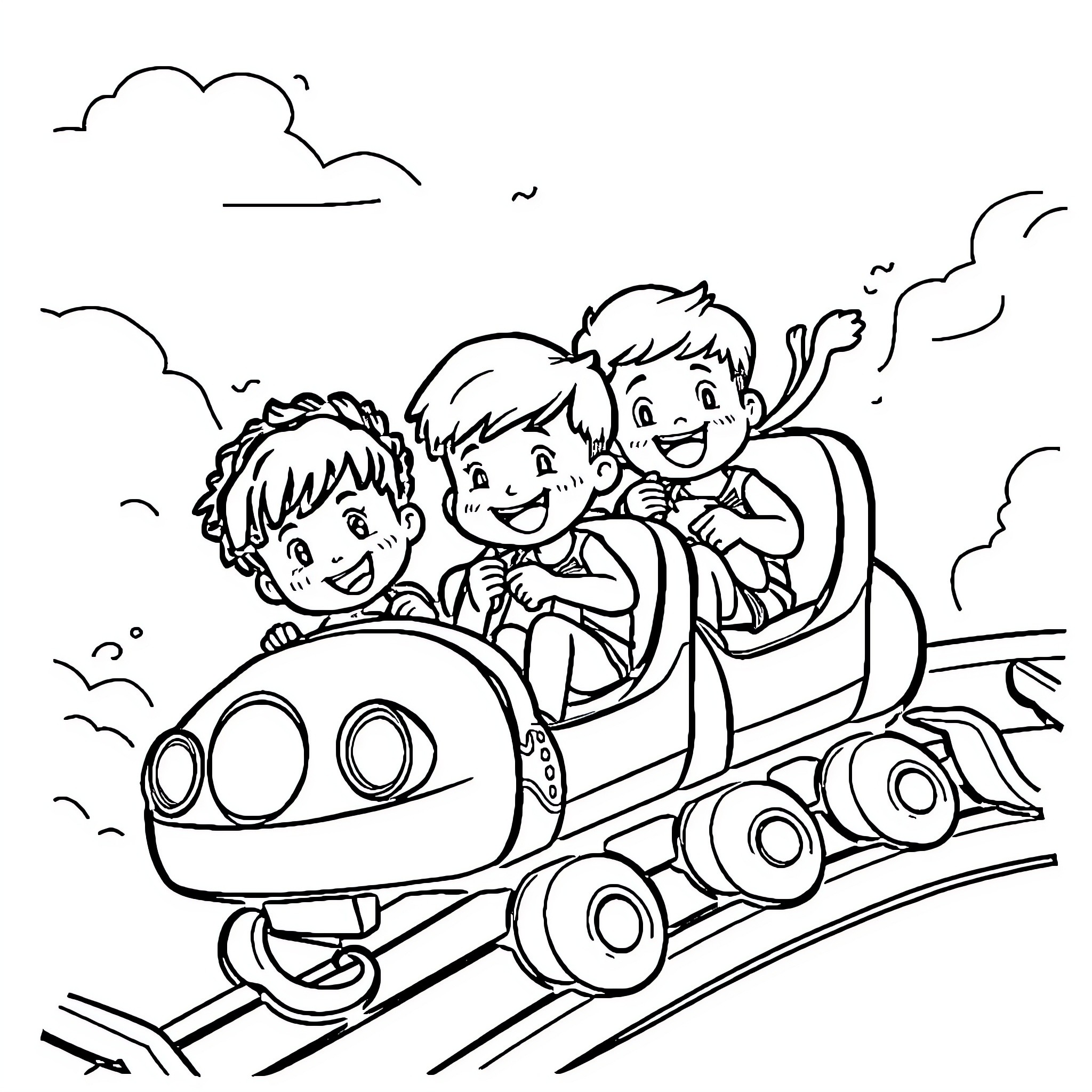 Child's Joyful Ride on Futuristic Vehicle Coloring Page (free black-and-white line drawing printable PDF for all, from beginners to advanced learners, including children, teens, adults, and seniors)