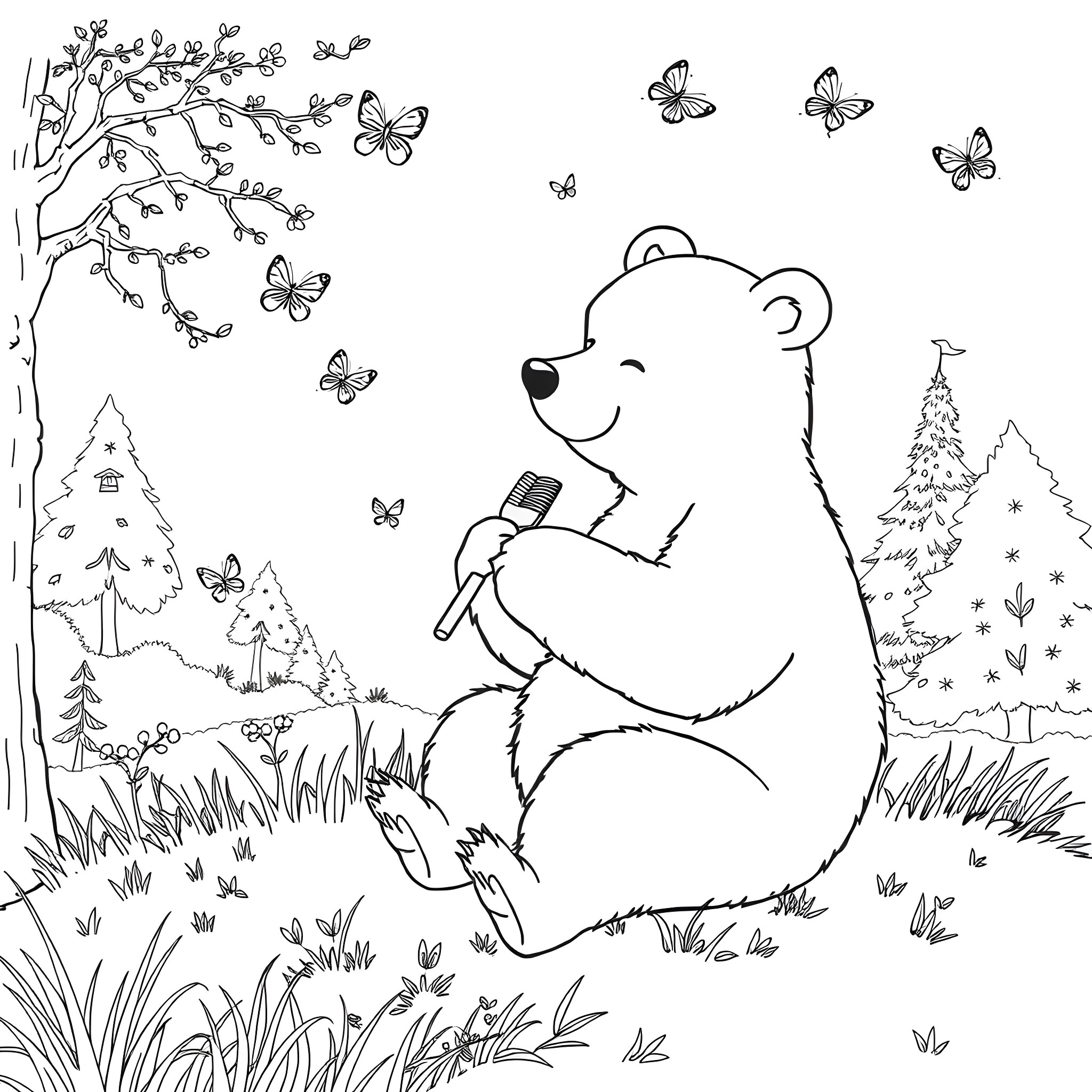 Bear enjoying nature with butterflies Coloring Page (free black-and-white line drawing printable PDF for all, from beginners to advanced learners, including children, teens, adults, and seniors)