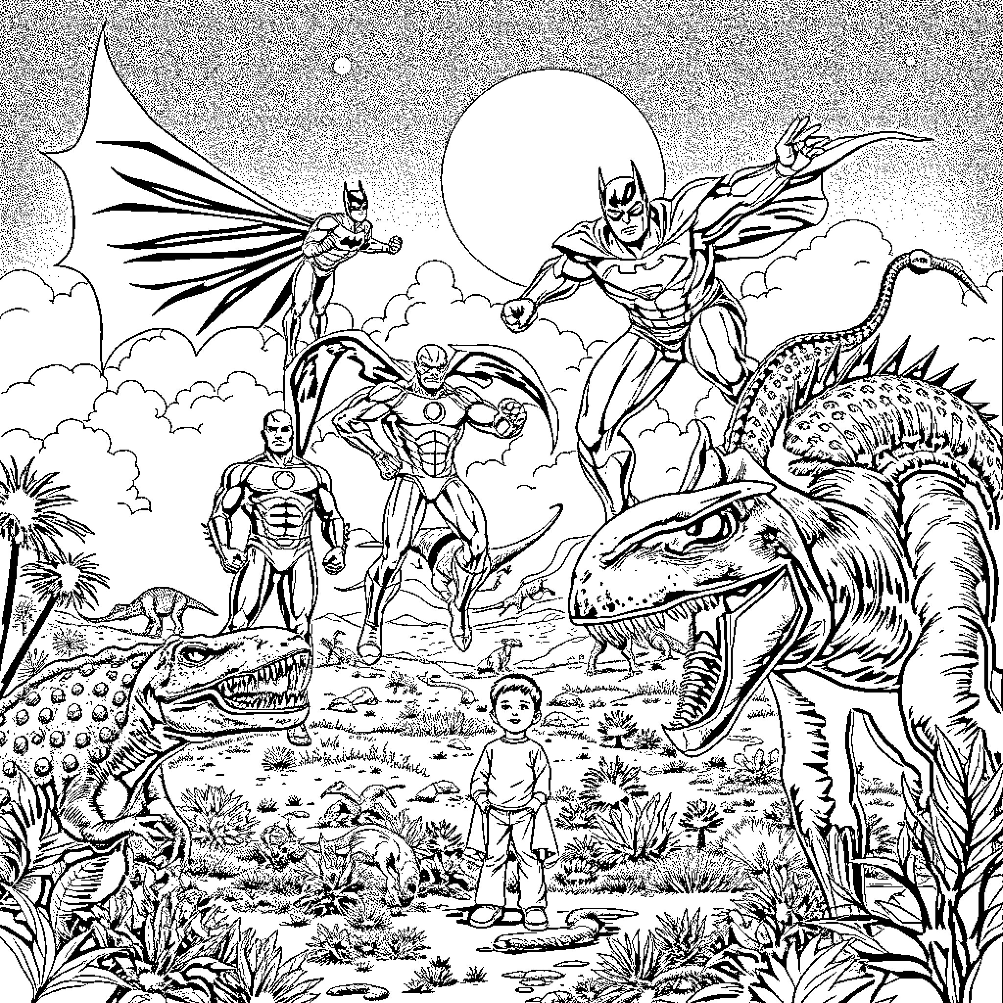 Superhero Team Battles Formidable Foes in Fantastical Landscape Coloring Page (free black-and-white line drawing printable PDF for all, from beginners to advanced learners, including children, teens, adults, and seniors)