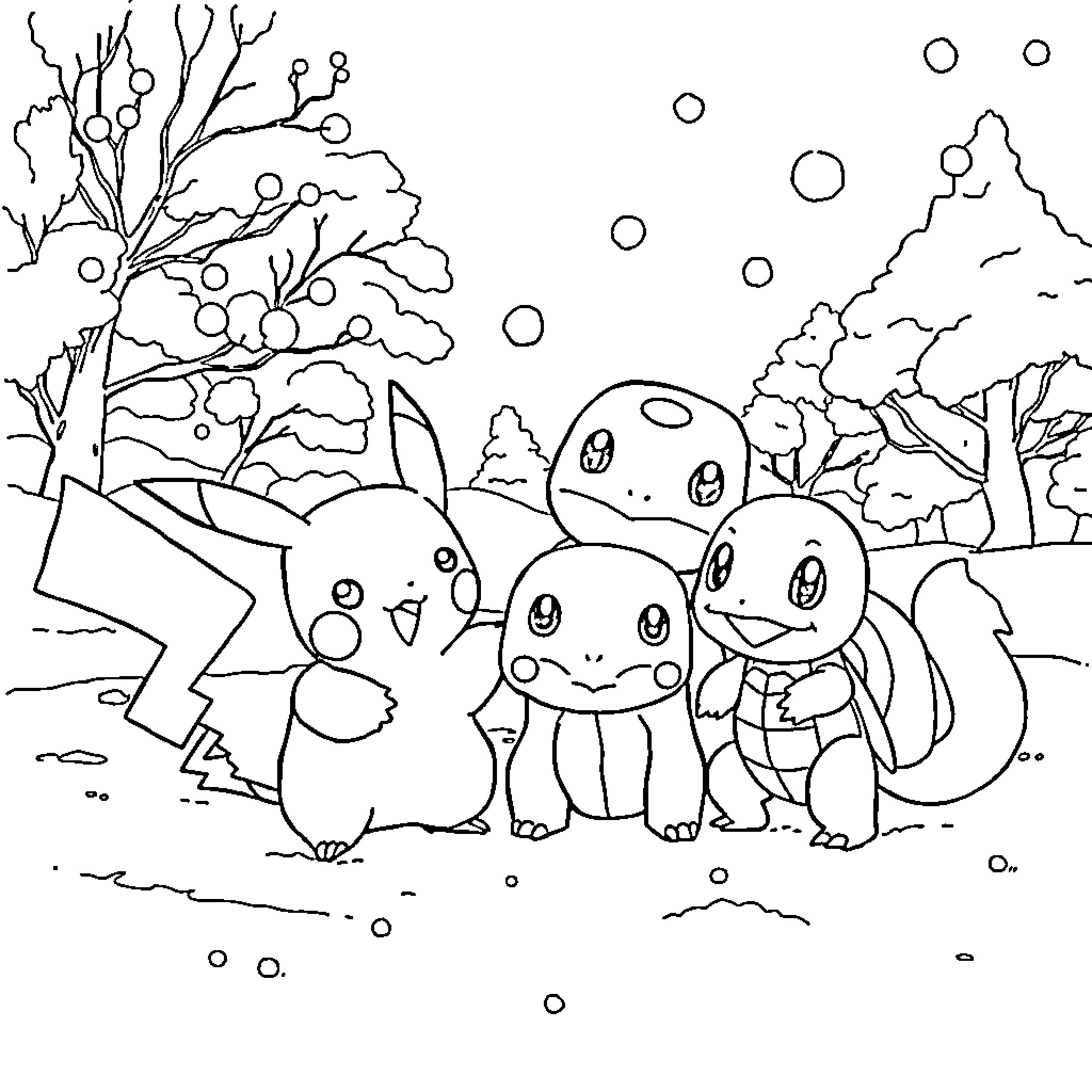 Pokémon characters enjoying a snowy winter scene Coloring Page (free black-and-white line drawing printable PDF for all, from beginners to advanced learners, including children, teens, adults, and seniors)