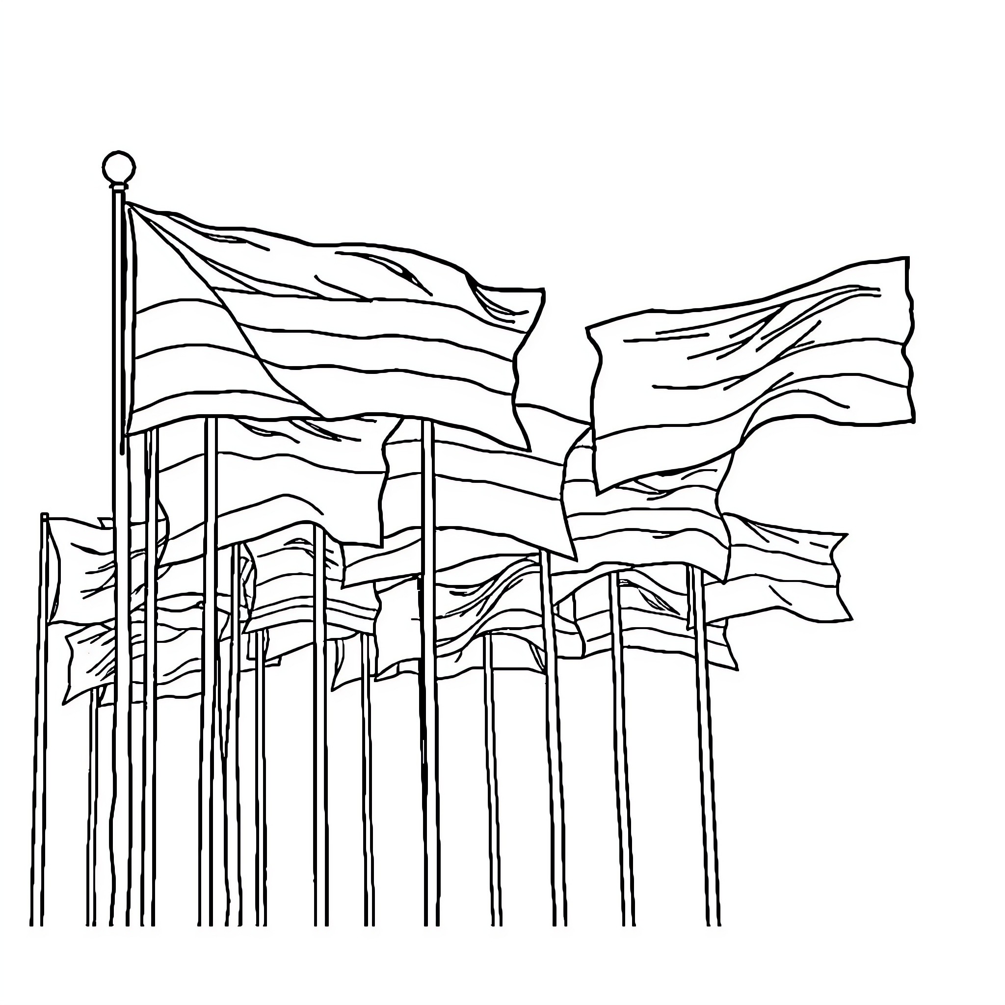 Flag Parade with Waving Banners Coloring Page (free black-and-white line drawing printable PDF for all, from beginners to advanced learners, including children, teens, adults, and seniors)