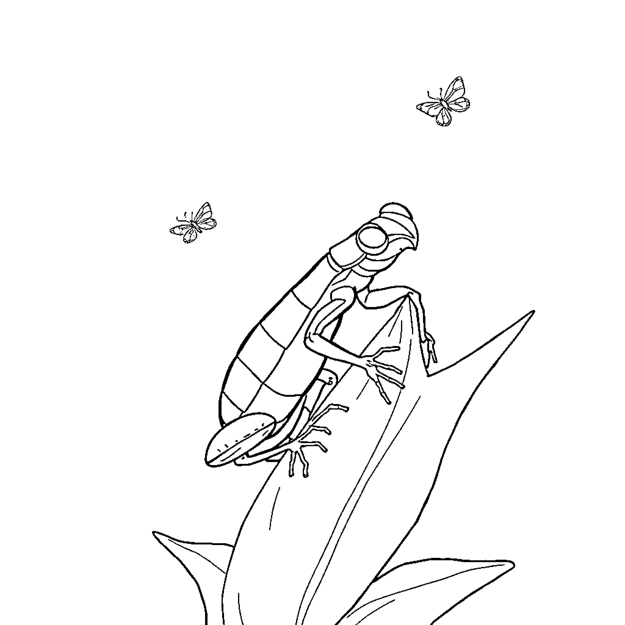 Frog catching butterflies in nature Coloring Page (free black-and-white line drawing printable PDF for all, from beginners to advanced learners, including children, teens, adults, and seniors)