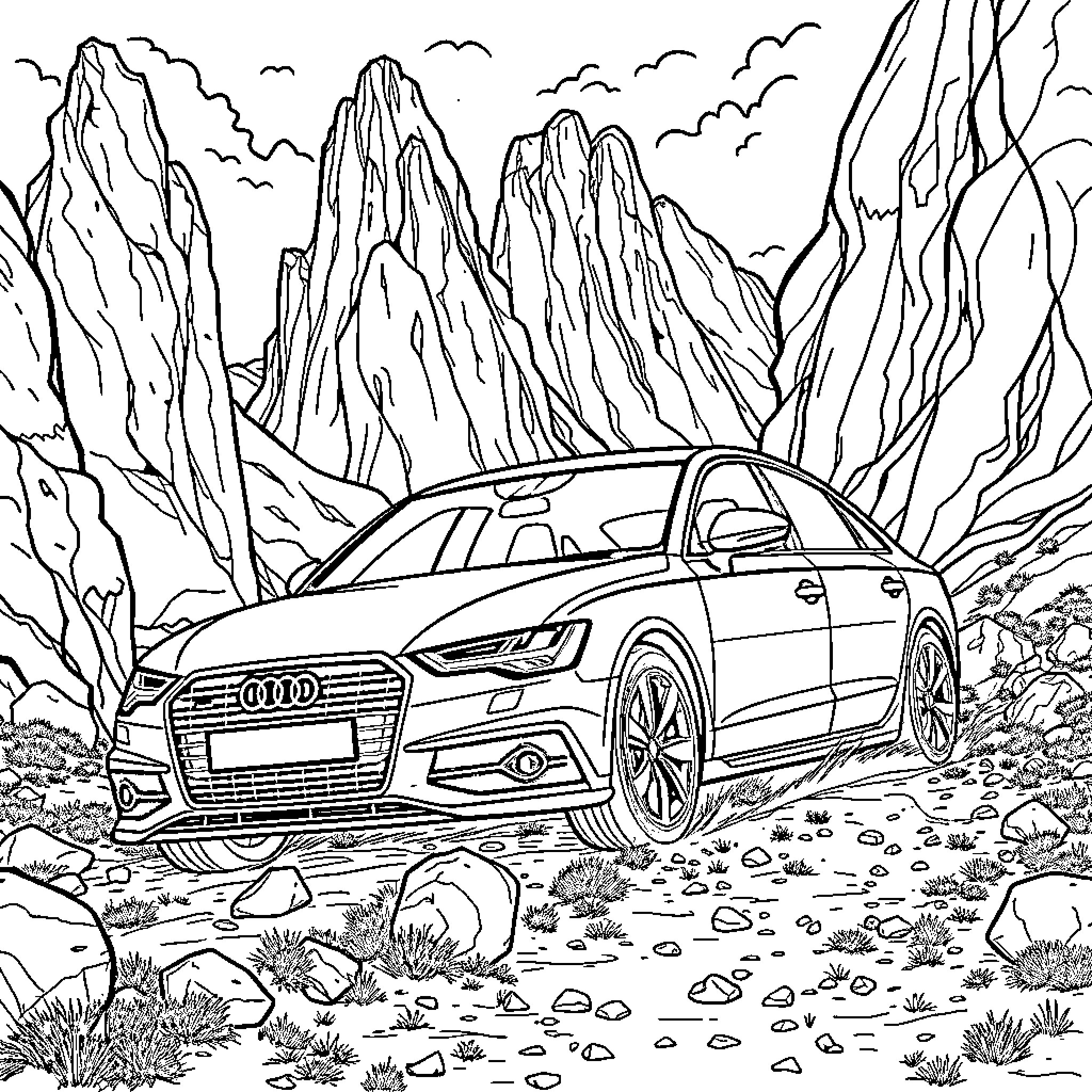 Audi sedan navigating through rocky mountain landscape Coloring Page (free black-and-white line drawing printable PDF for all, from beginners to advanced learners, including children, teens, adults, and seniors)
