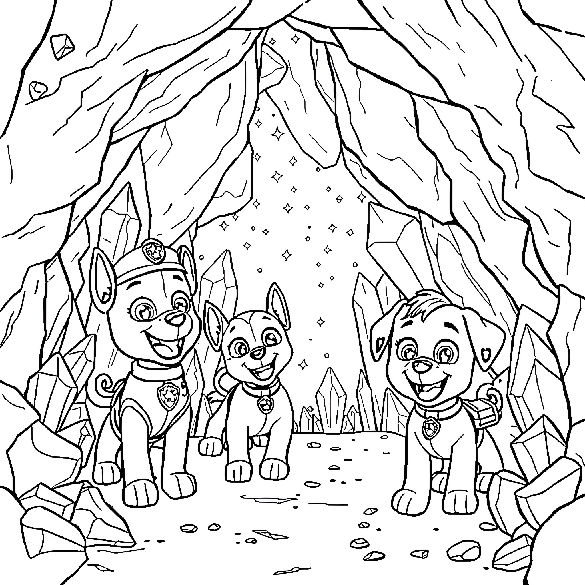 Paw Patrol Pups Exploring the Icy Wonderland Coloring Page (free black-and-white line drawing printable PDF for all, from beginners to advanced learners, including children, teens, adults, and seniors)